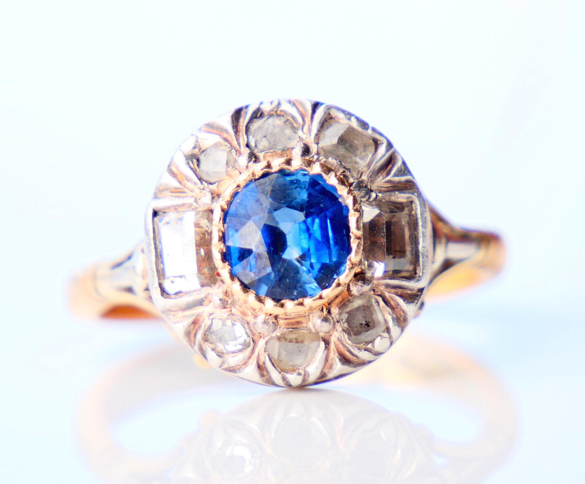 Antique Halo Ring 1ct Sapphire 1ctw Diamonds solid 18K Gold Ø5.5US/4.3 gr For Sale 4
