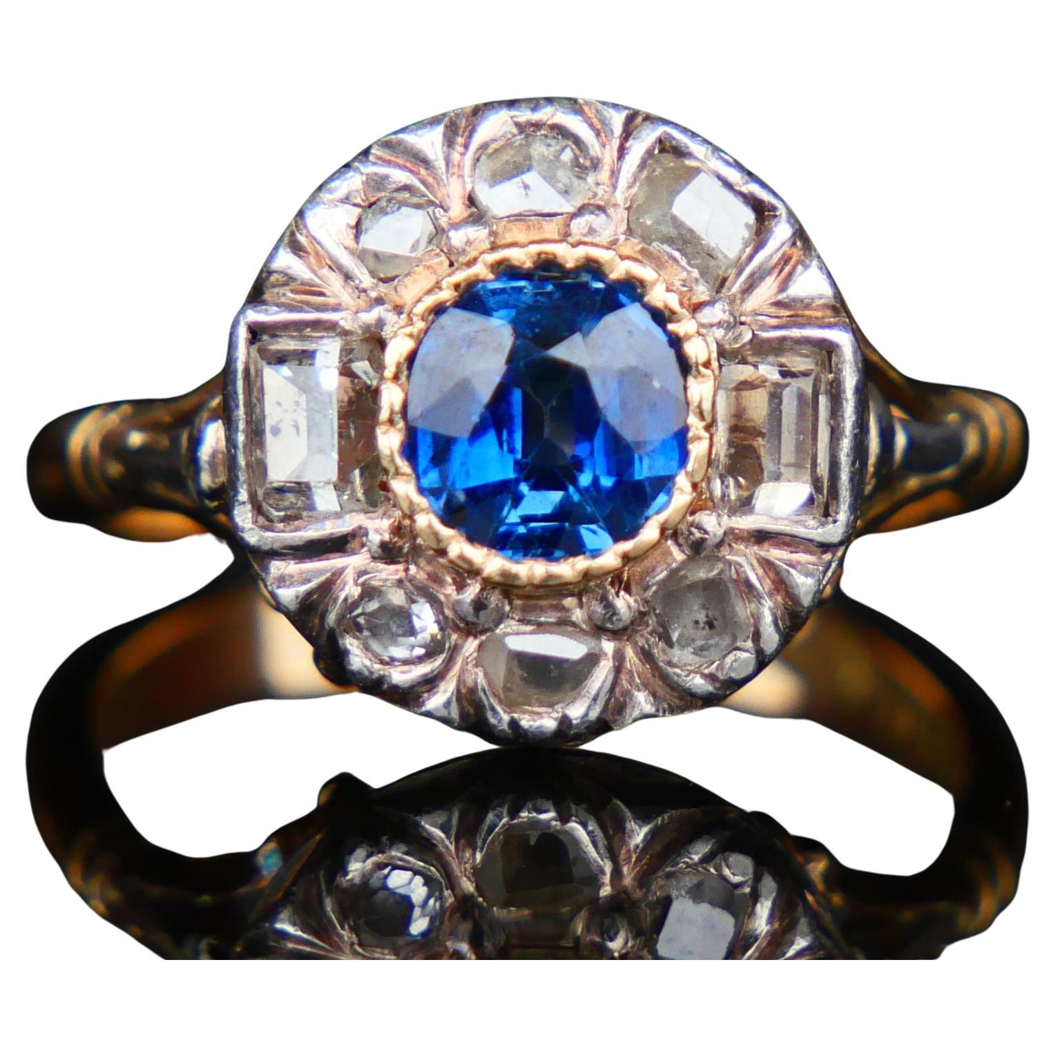 Antique Halo Ring 1ct Sapphire 1ctw Diamonds solid 18K Gold Ø5.5US/4.3 gr For Sale