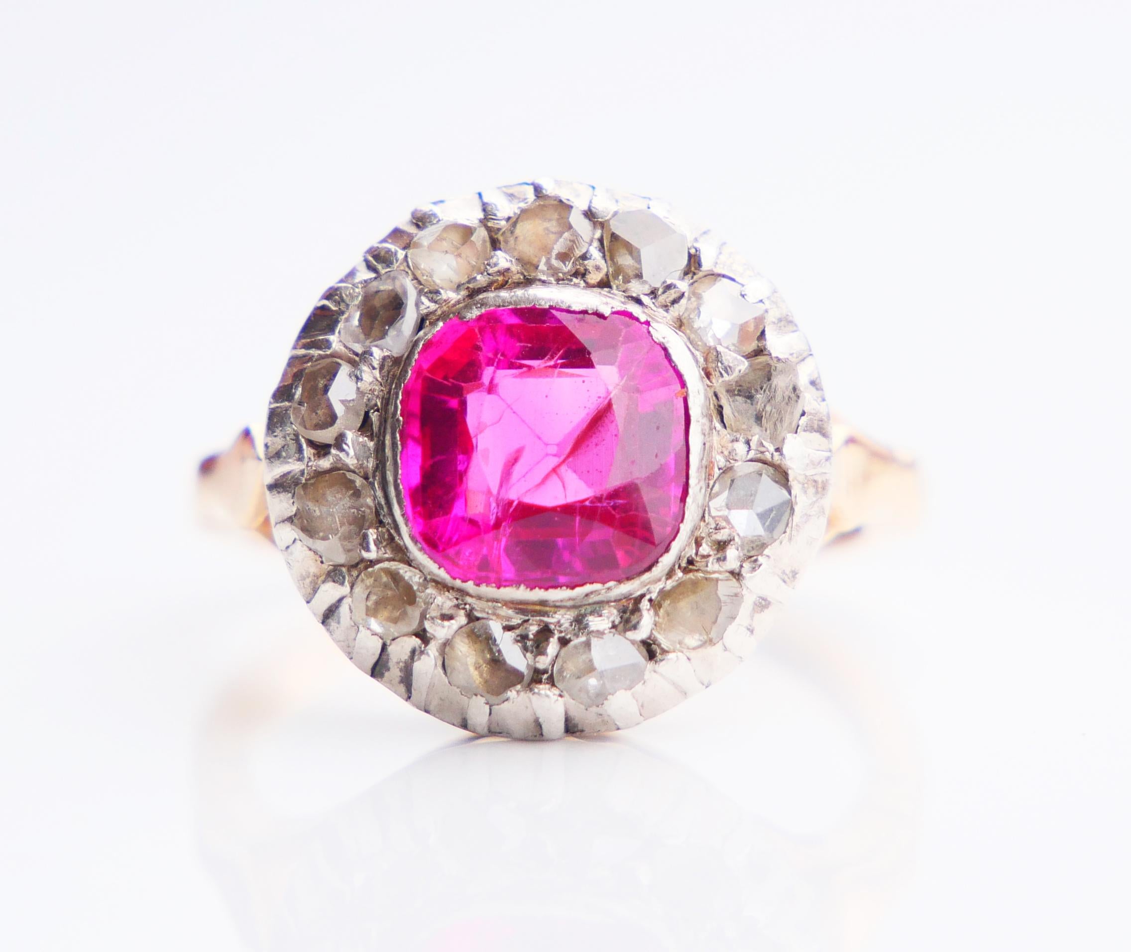 Antique Halo Ring 2.5ct Ruby 0.5ctw Diamonds 18K Gold Silver Ø5.25US /4.8 gr For Sale 7