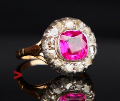 Antique Halo Ring 2.5ct Ruby 0.5ctw Diamonds 18K Gold Silver Ø5.25US /4.8 gr