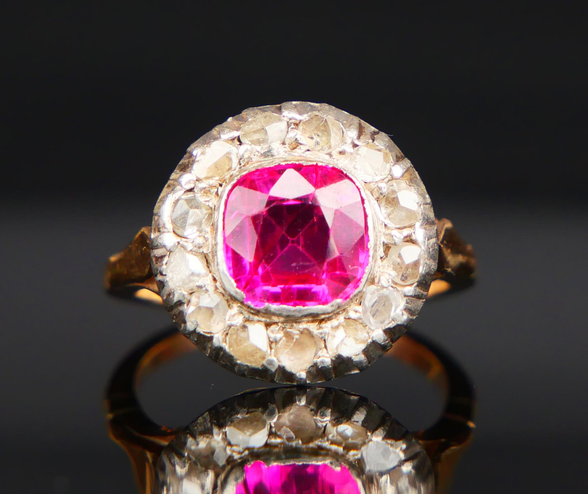 Art Nouveau Antique Halo Ring 2.5ct Ruby 0.5ctw Diamonds 18K Gold Silver Ø5.25US /4.8 gr For Sale
