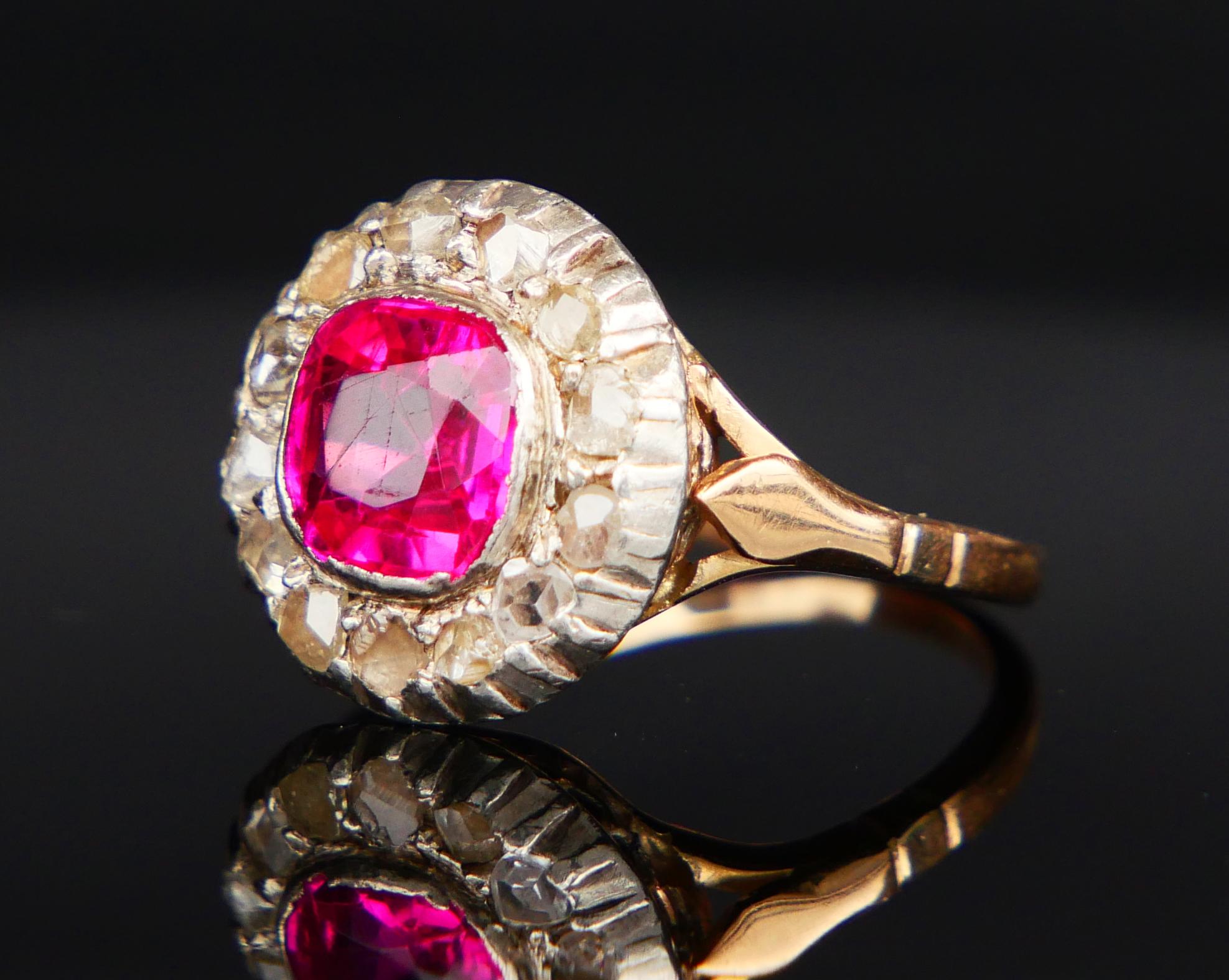 Antiker Halo Ring 2.5ct Rubin 0.5ctw Diamanten 18K Gold Silber Ø5.25US /4.8 gr Damen im Angebot