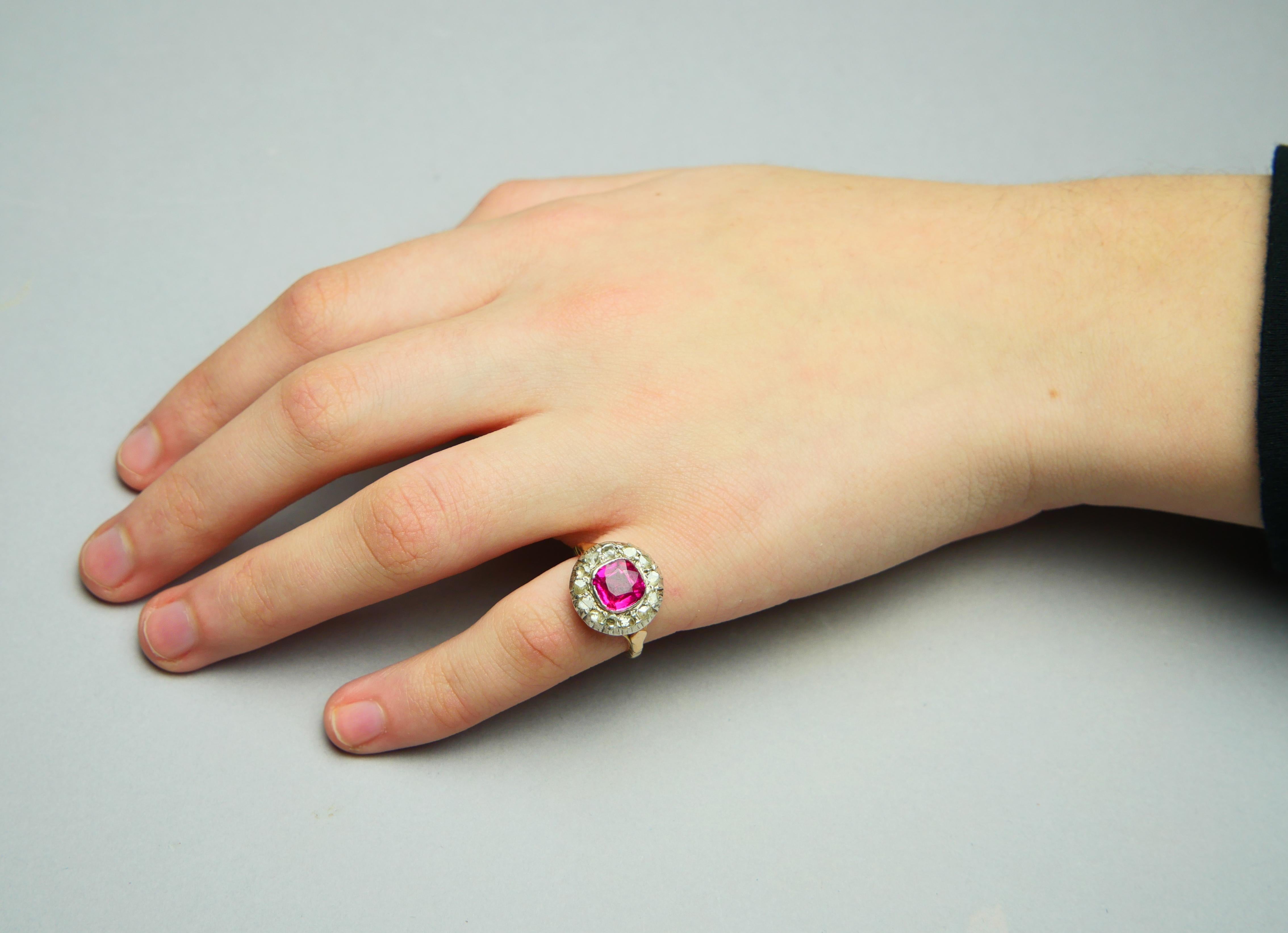 Antique Halo Ring 2.5ct Ruby 0.5ctw Diamonds 18K Gold Silver Ø5.25US /4.8 gr For Sale 3