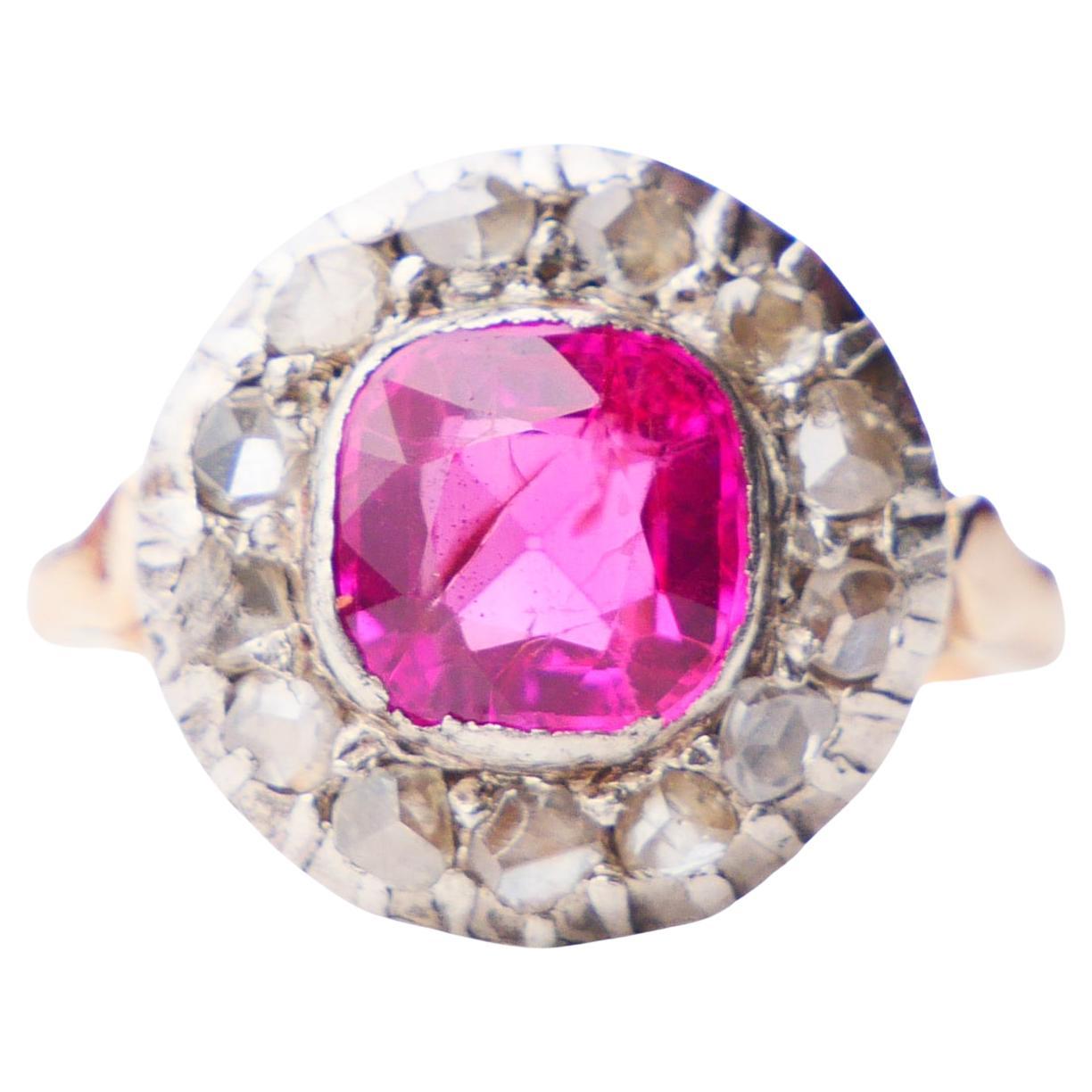 Antique Halo Ring 2.5ct Ruby 0.5ctw Diamonds 18K Gold Silver Ø5.25US /4.8 gr For Sale