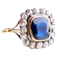 Antique Halo Ring 3.75 ct Sapphire Diamonds solid 18K Gold Silver Ø6.75US/ 3.6gr