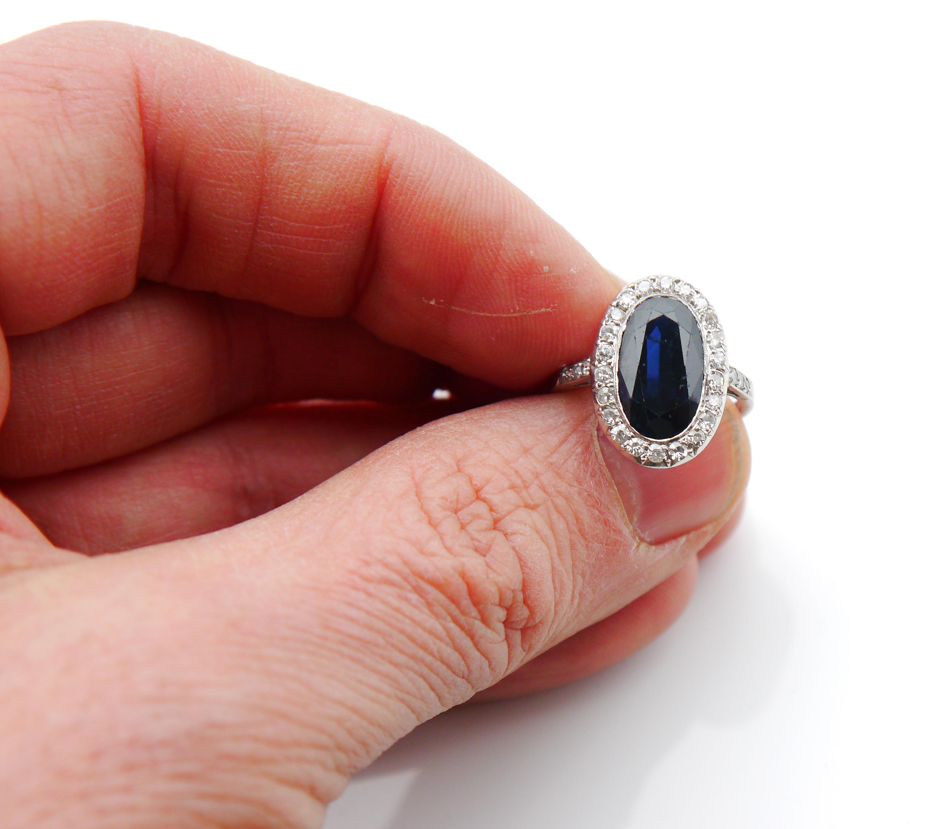 Antique Halo Ring 4ct Sapphire 1ctw Diamonds solid Platinum Ø6.25US/4.3 gr For Sale 5