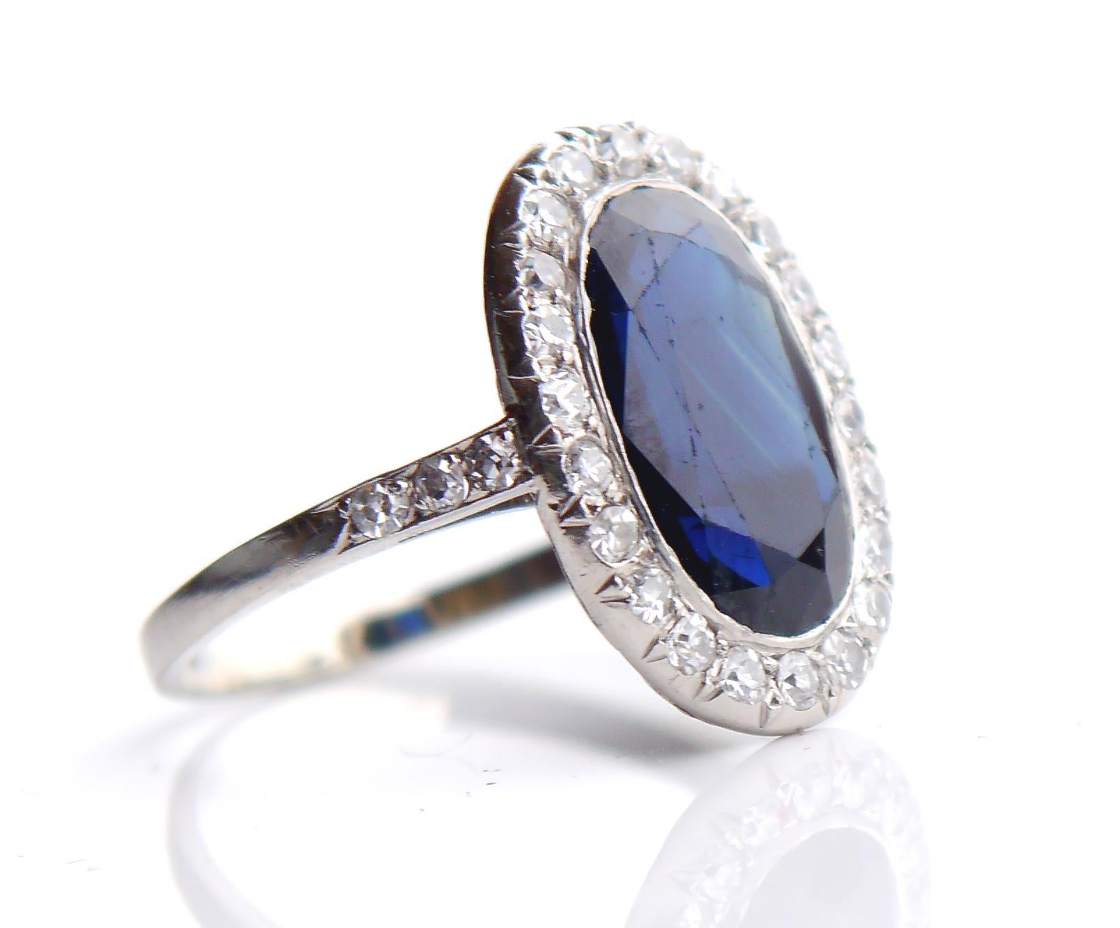 Art Deco Antique Halo Ring 4ct Sapphire 1ctw Diamonds solid Platinum Ø6.25US/4.3 gr For Sale