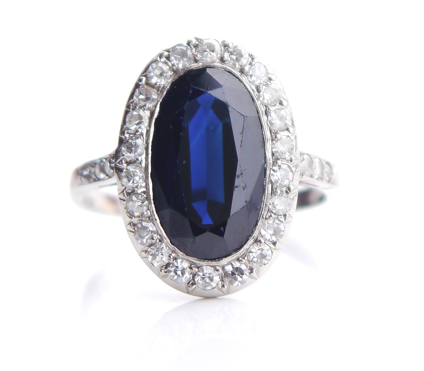Antique Halo Ring 4ct Sapphire 1ctw Diamonds solid Platinum Ø6.25US/4.3 gr 1