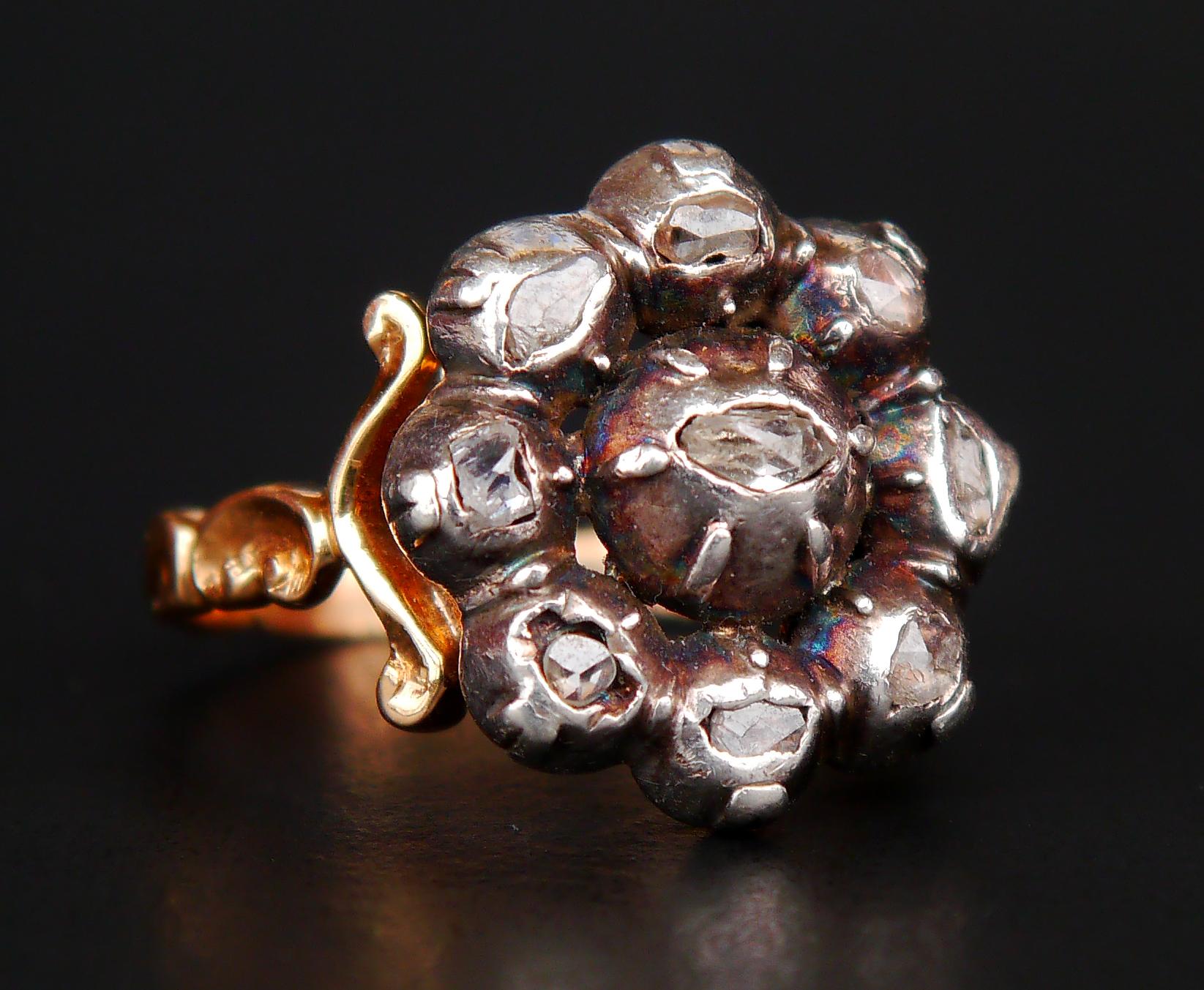 Néo-Renaissance Antique Halo Ring Diamonds solid 18K Gold Silver Ø US7.75 /8gr en vente