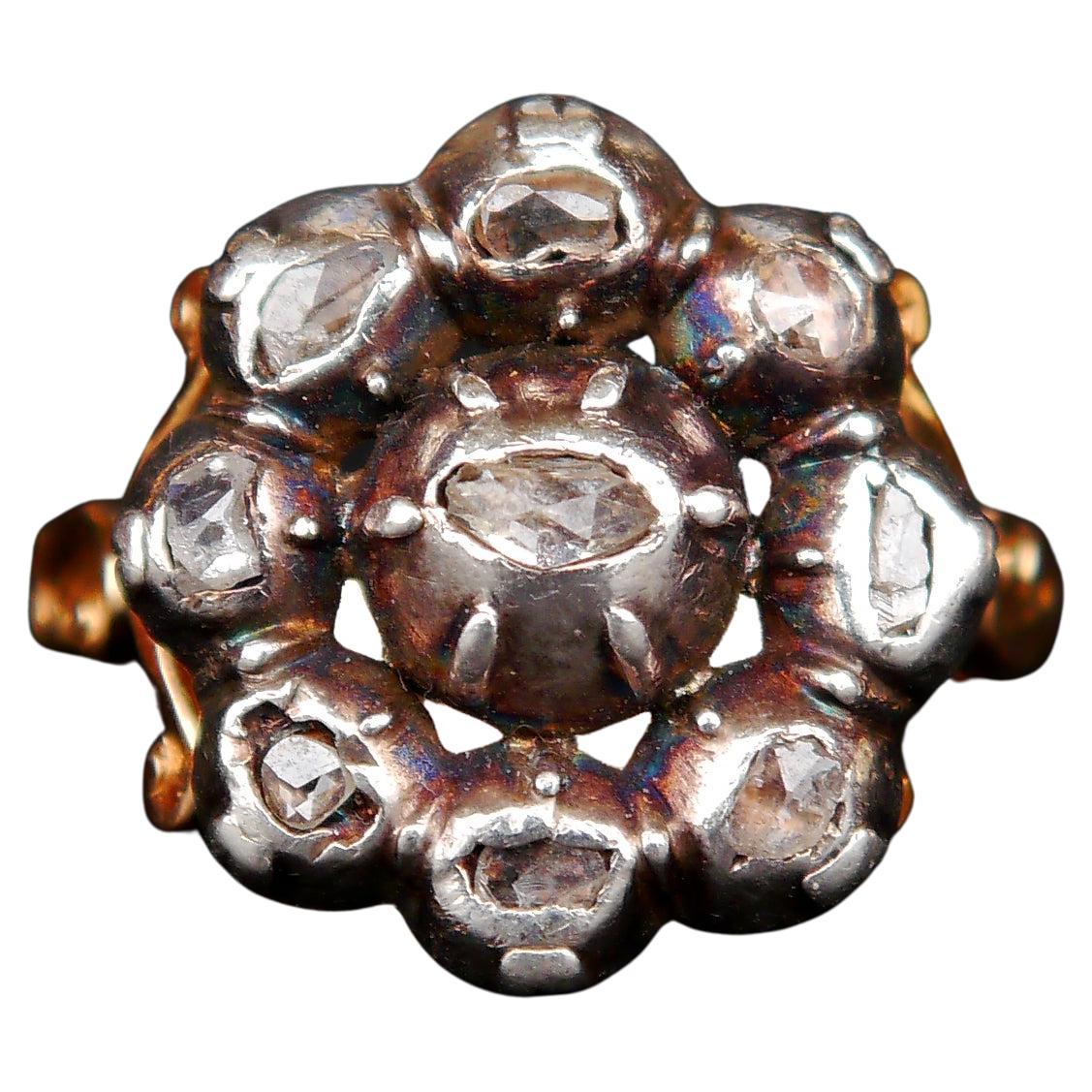 Antiker Halo Ring Diamanten massiv 18K Gold Silber Ø US7.75 /8gr im Angebot