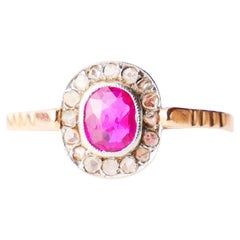 Antique Halo Ring natural 0.5ct Ruby Diamonds solid 18K Gold Ø8.75US/2.5gr