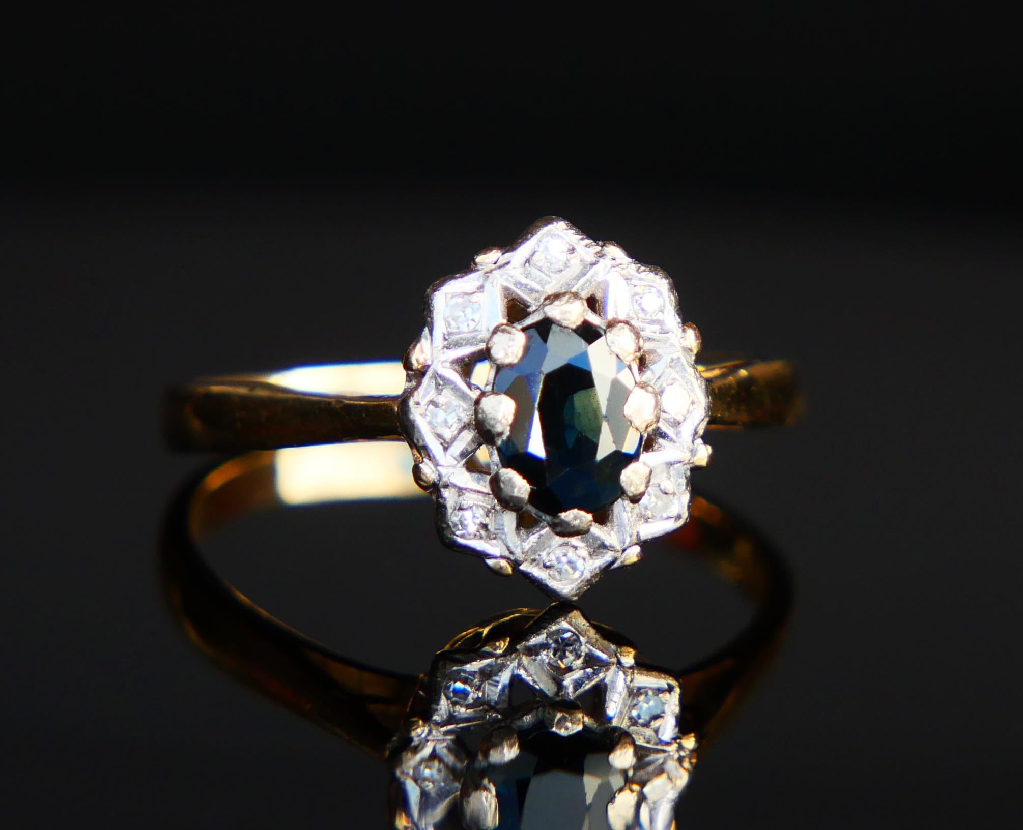 Antique Halo Ring natural 0.8 ct Sapphire Diamonds solid 18K Gold Ø7.5US / 3.8gr For Sale 5