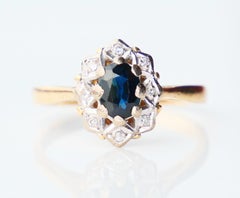 Bague Halo Antique naturelle 0.8 ct Saphir Diamants or massif 18K Ø7.5US / 3.8gr
