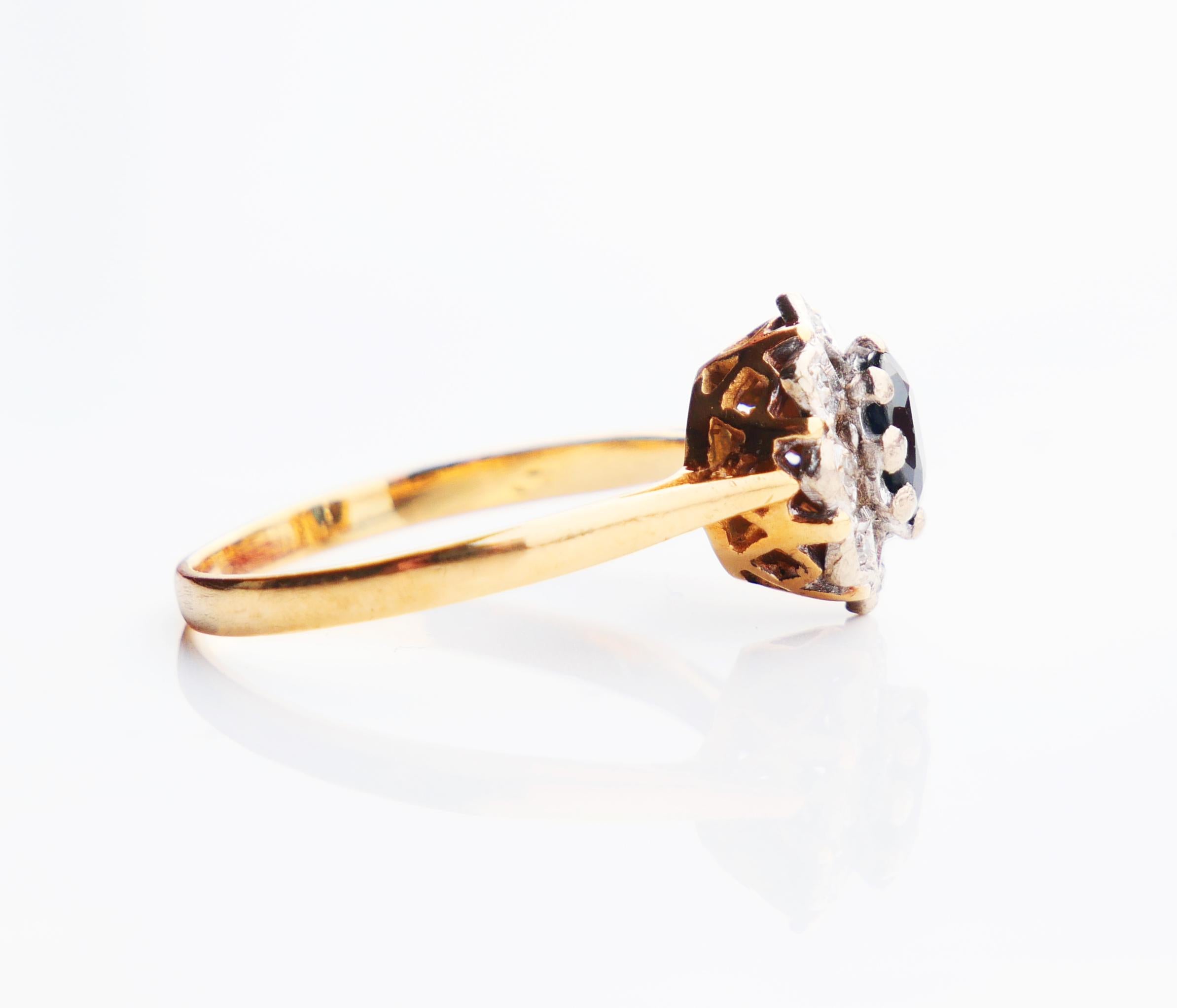 Women's Antique Halo Ring natural 0.8 ct Sapphire Diamonds solid 18K Gold Ø7.5US / 3.8gr For Sale