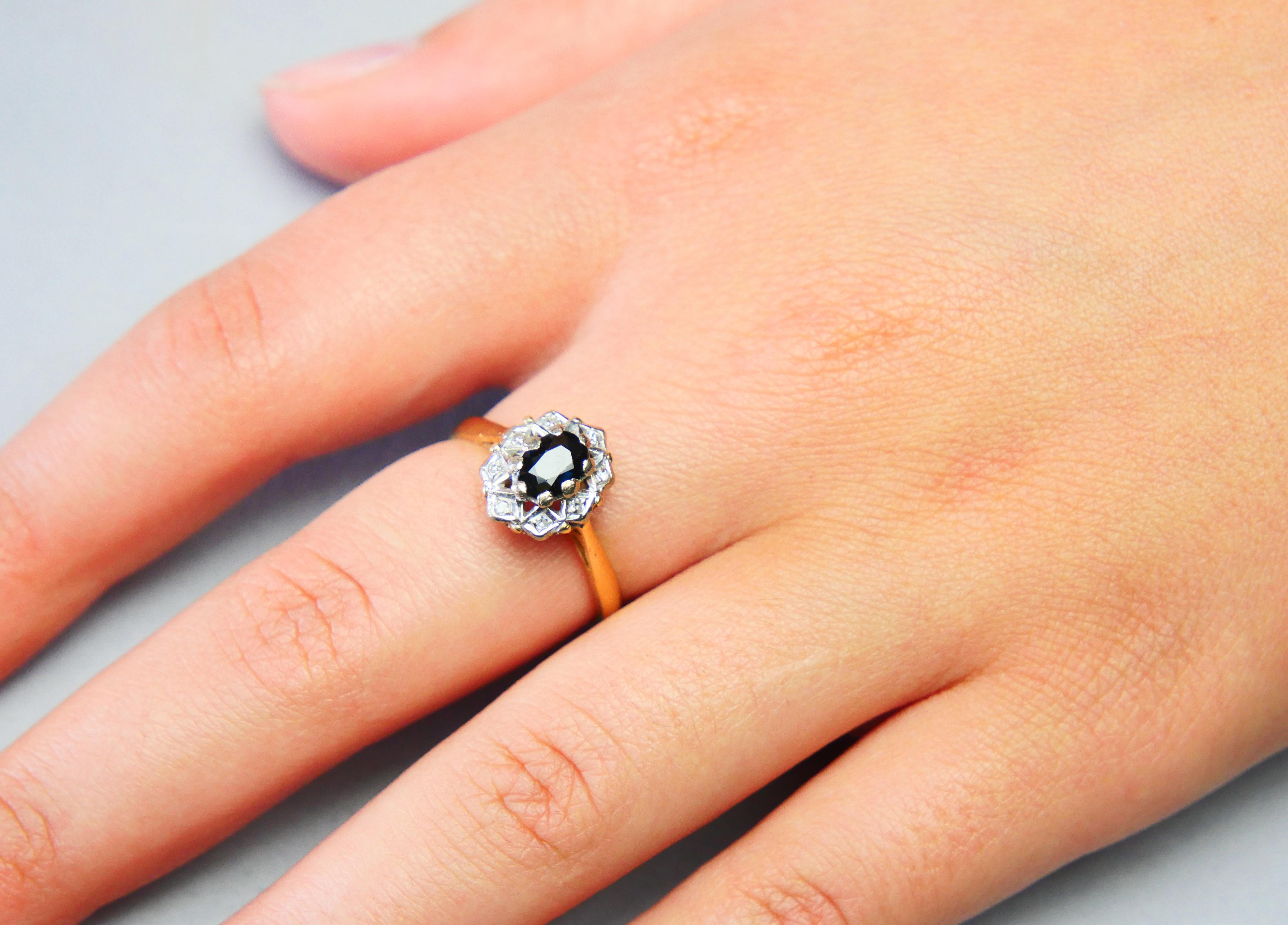 Antique Halo Ring natural 0.8 ct Sapphire Diamonds solid 18K Gold Ø7.5US / 3.8gr For Sale 2