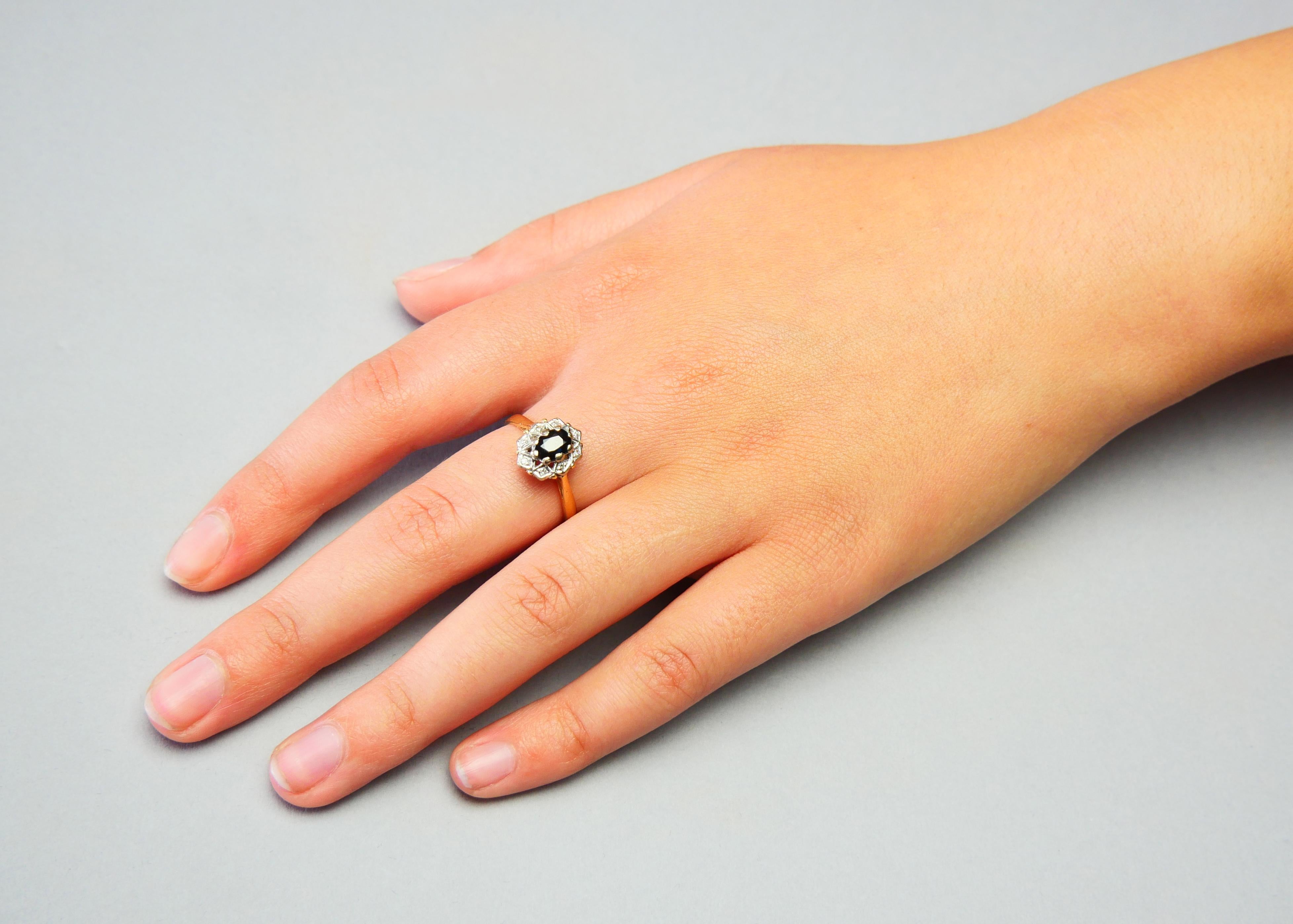 Antique Halo Ring natural 0.8 ct Sapphire Diamonds solid 18K Gold Ø7.5US / 3.8gr For Sale 3