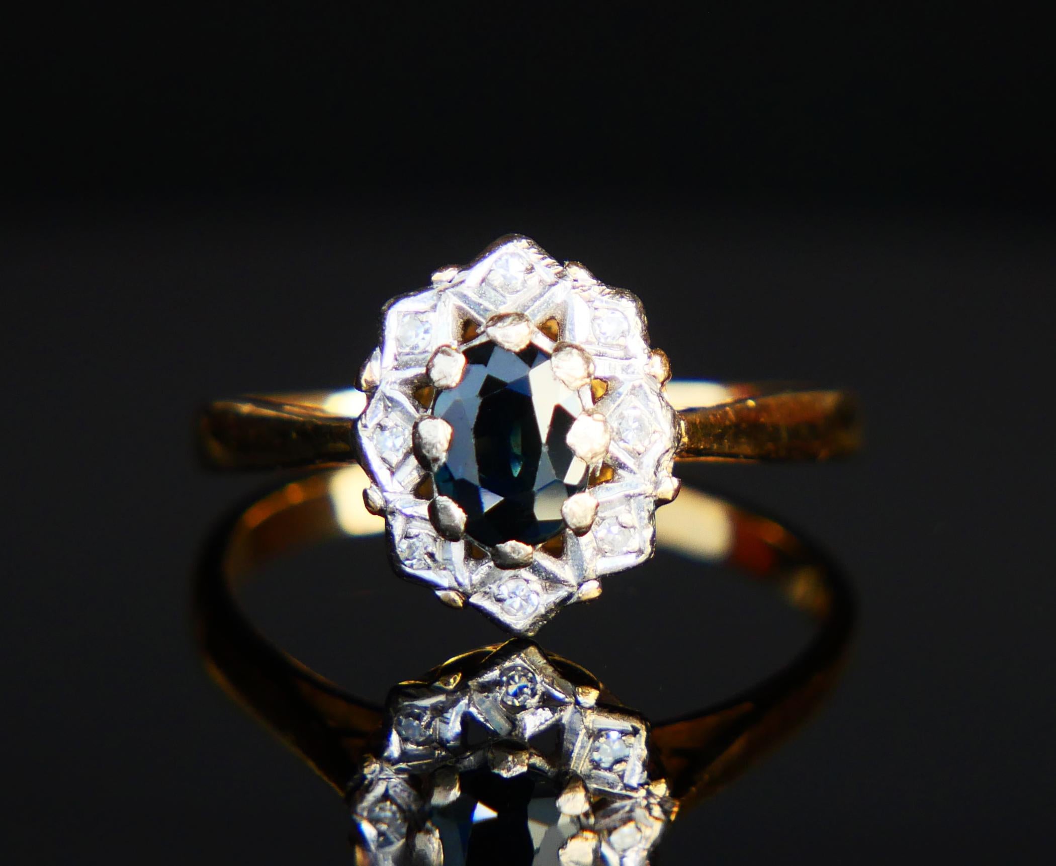 Antique Halo Ring natural 0.8 ct Sapphire Diamonds solid 18K Gold Ø7.5US / 3.8gr For Sale 4