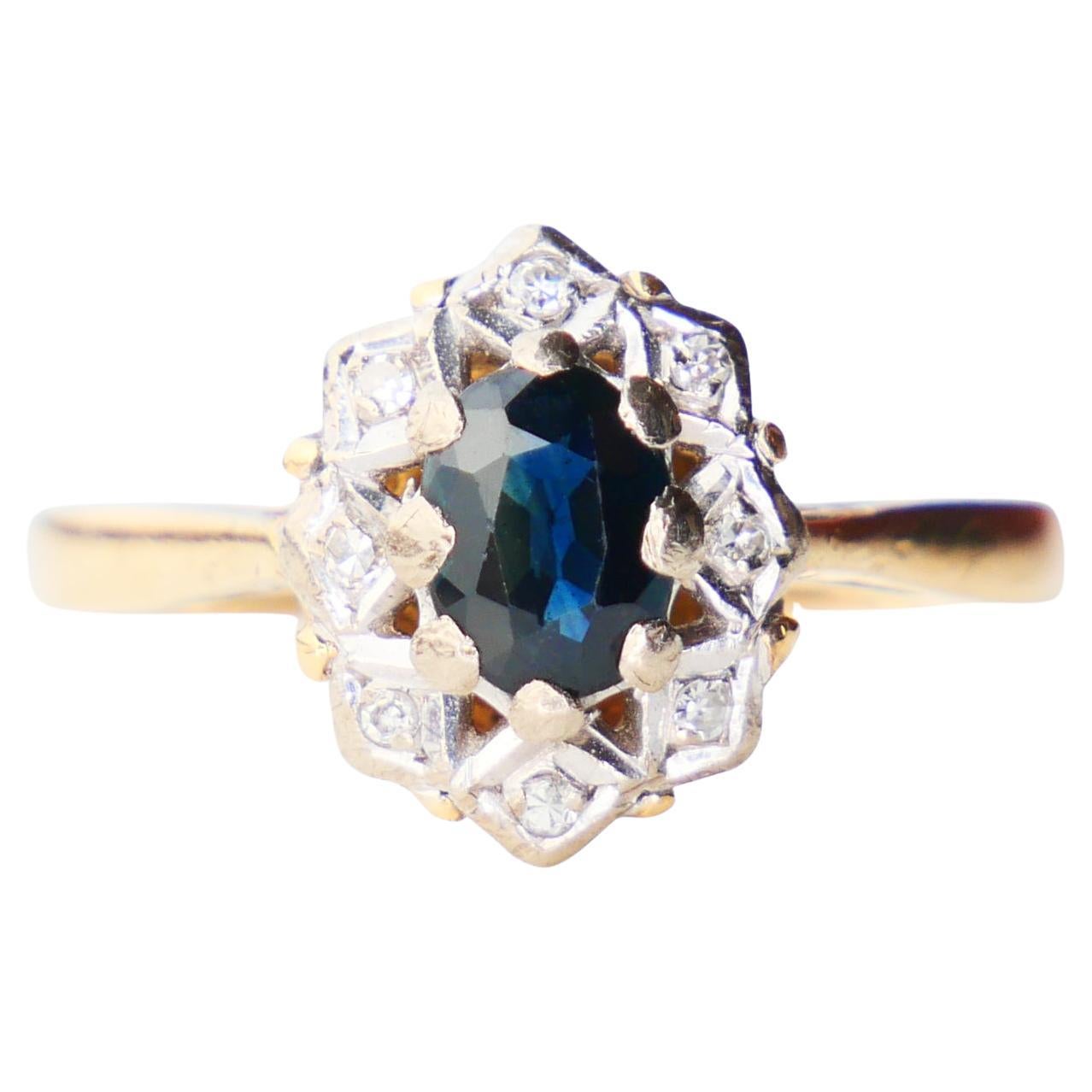 Anillo Halo Antiguo Zafiro natural 0,8 ct Diamantes macizo Oro 18K Ø7,5US / 3,8gr