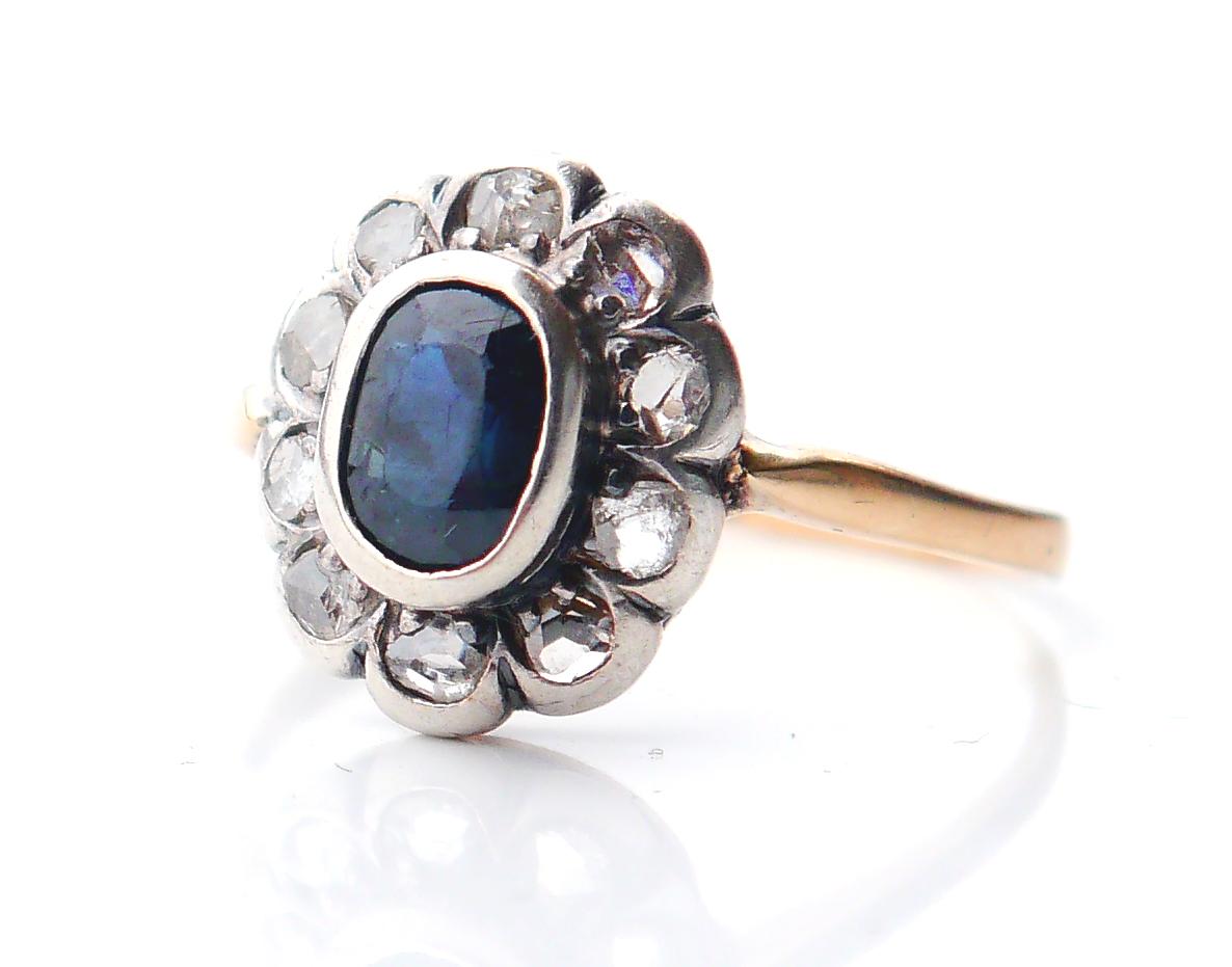Anillo Halo Antiguo Zafiro natural 1,25ct Diamantes oro macizo 18K Plata ØUS 6,5 Art Decó en venta