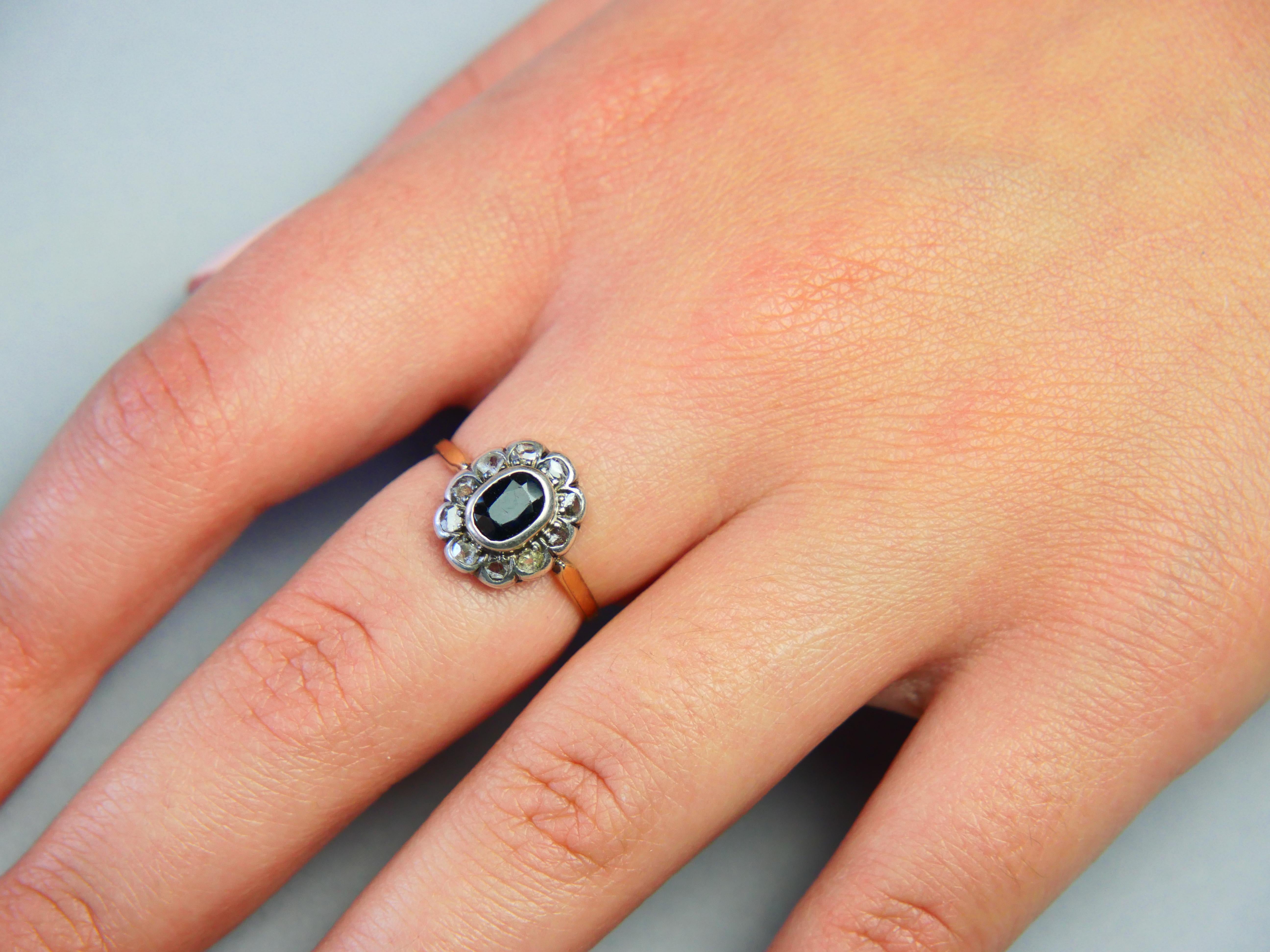 Anillo Halo Antiguo Zafiro natural 1,25ct Diamantes oro macizo 18K Plata ØUS 6,5 en venta 2