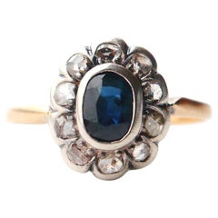 Antike Halo Ring natürlichen 1,25ct Saphir Diamanten massiv 18K Gold Silber ØUS 6.5