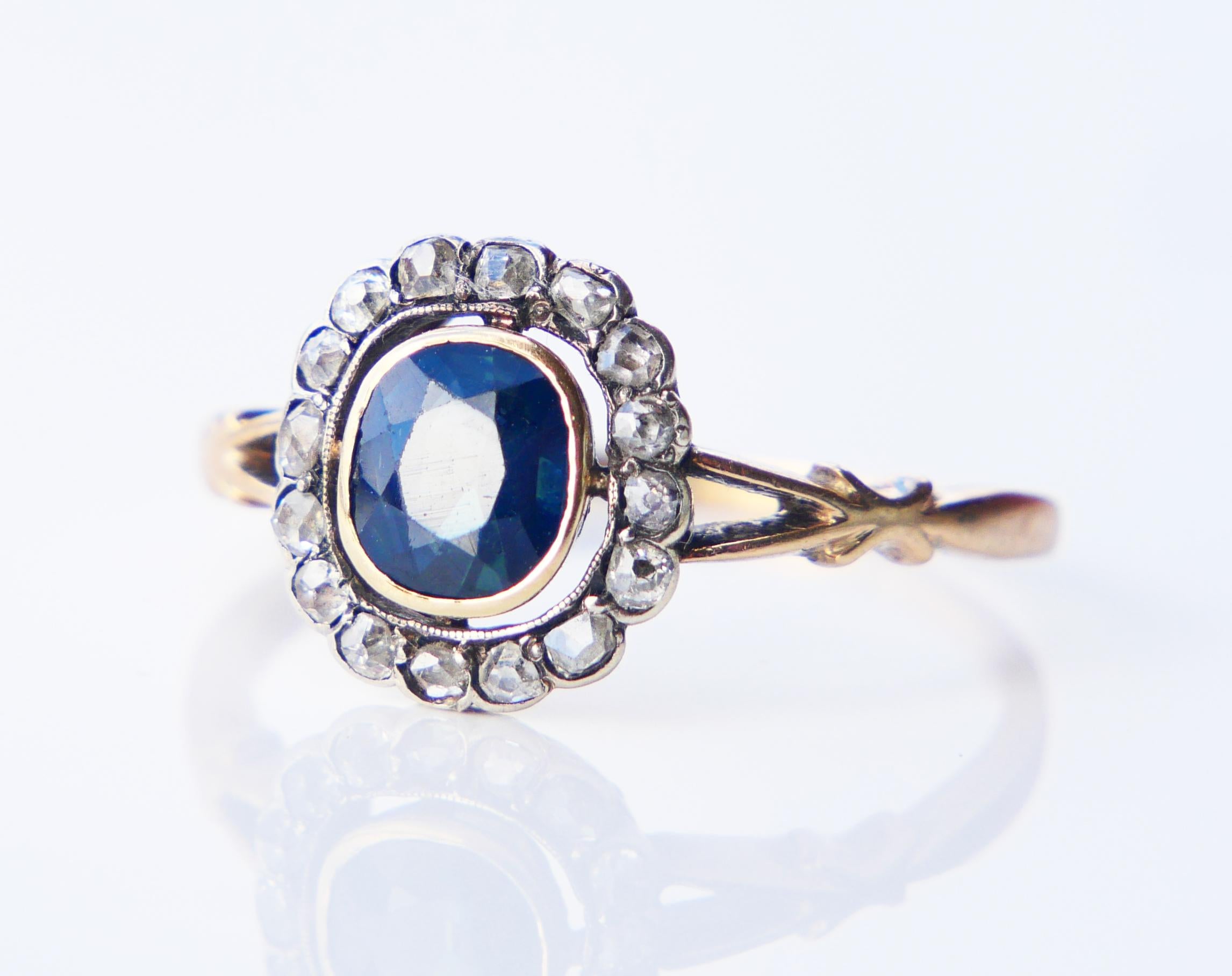 Antique Halo Ring natural 1.5ct Bi-color Sapphire Diamonds solid 14K/18K Gold For Sale 5