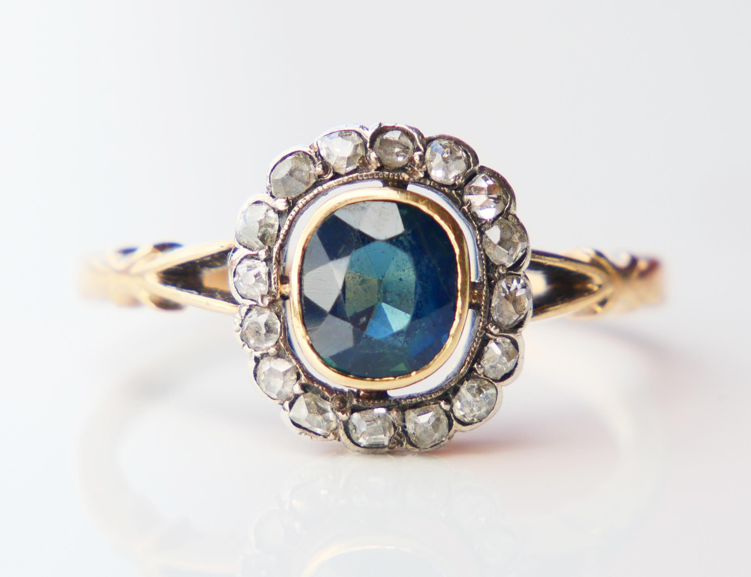 Antique Halo Ring natural 1.5ct Bi-color Sapphire Diamonds solid 14K/18K Gold For Sale 6