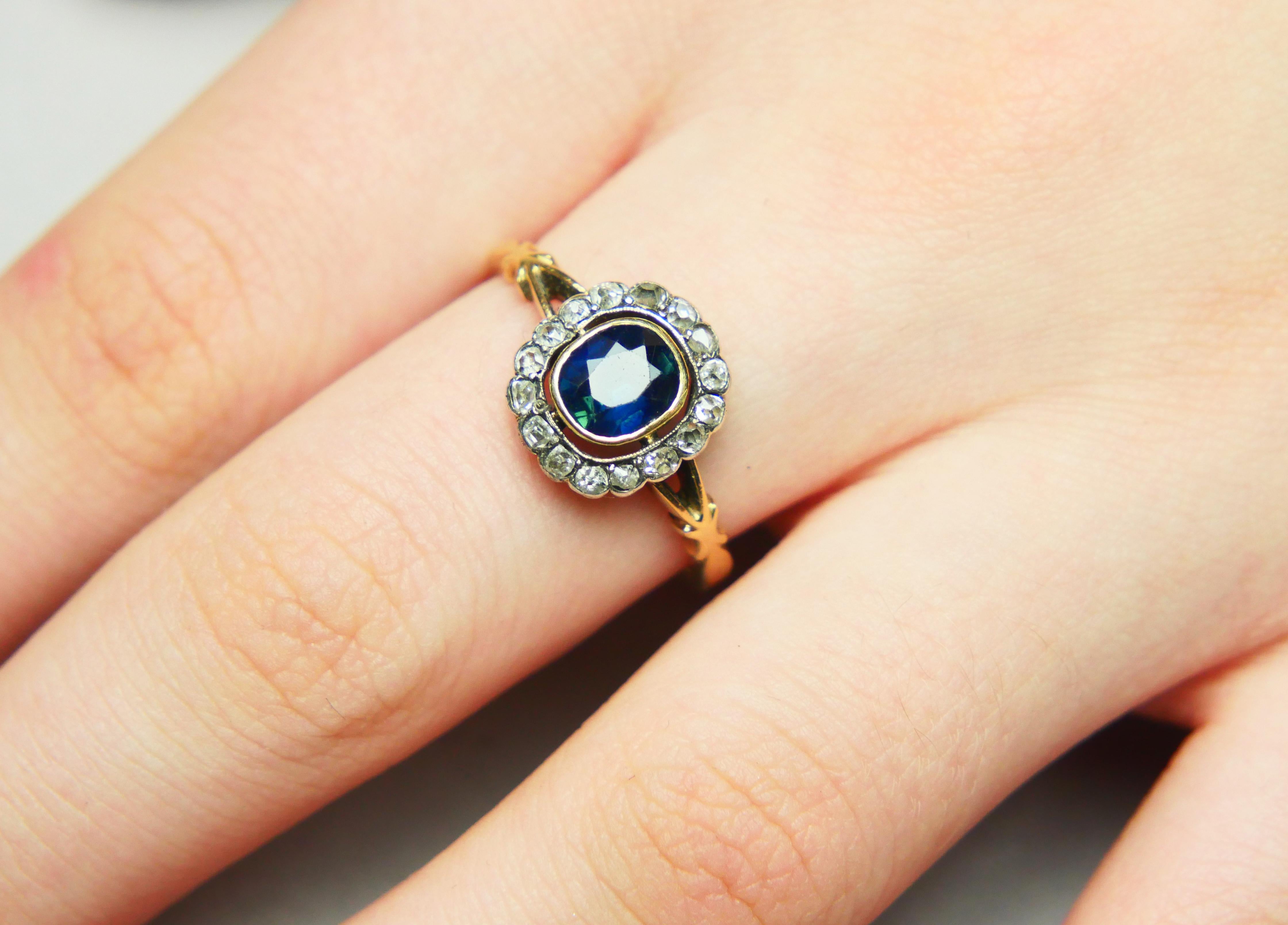 Antique Halo Ring natural 1.5ct Bi-color Sapphire Diamonds solid 14K/18K Gold For Sale 1
