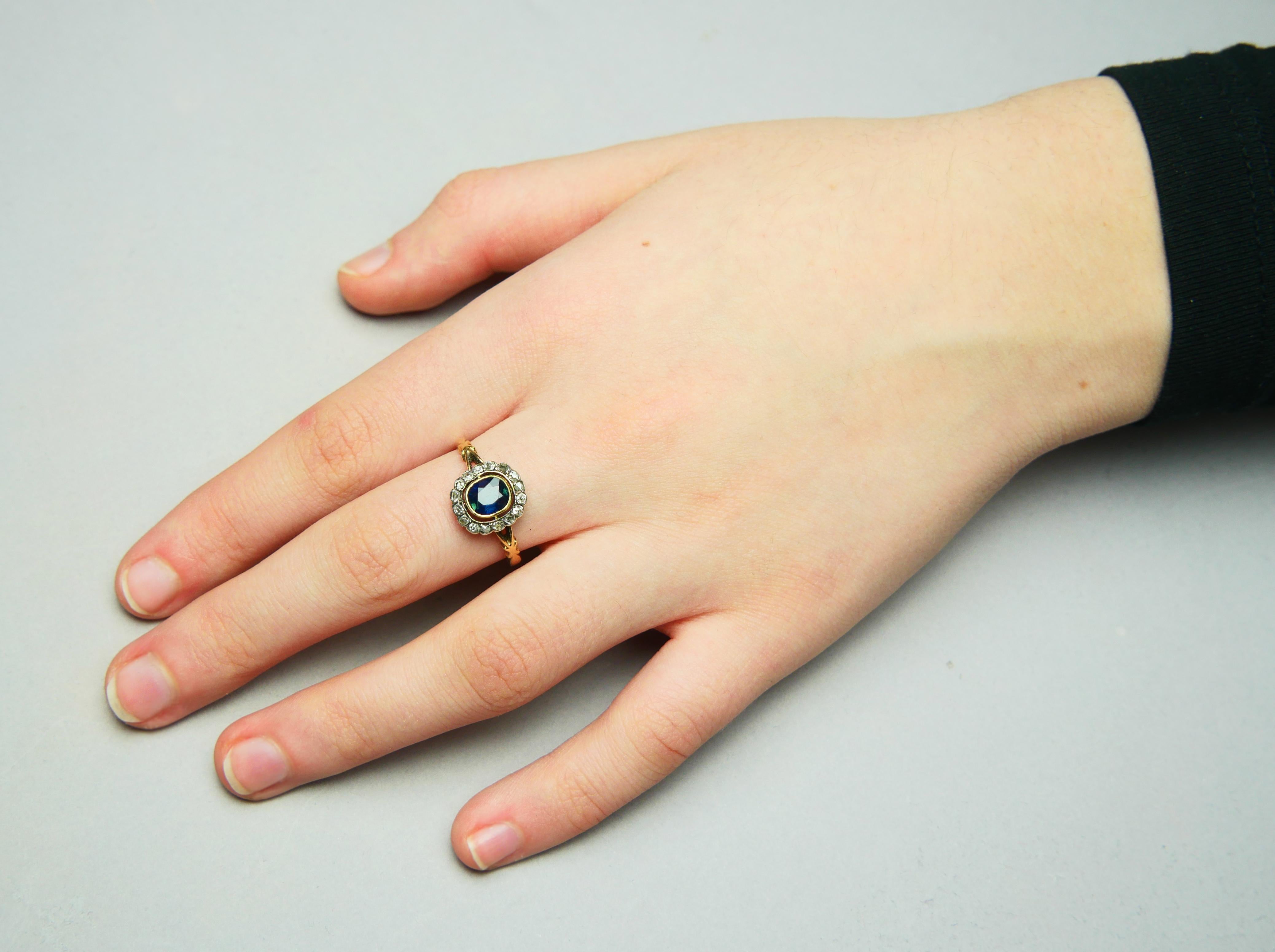 Antique Halo Ring natural 1.5ct Bi-color Sapphire Diamonds solid 14K/18K Gold For Sale 2