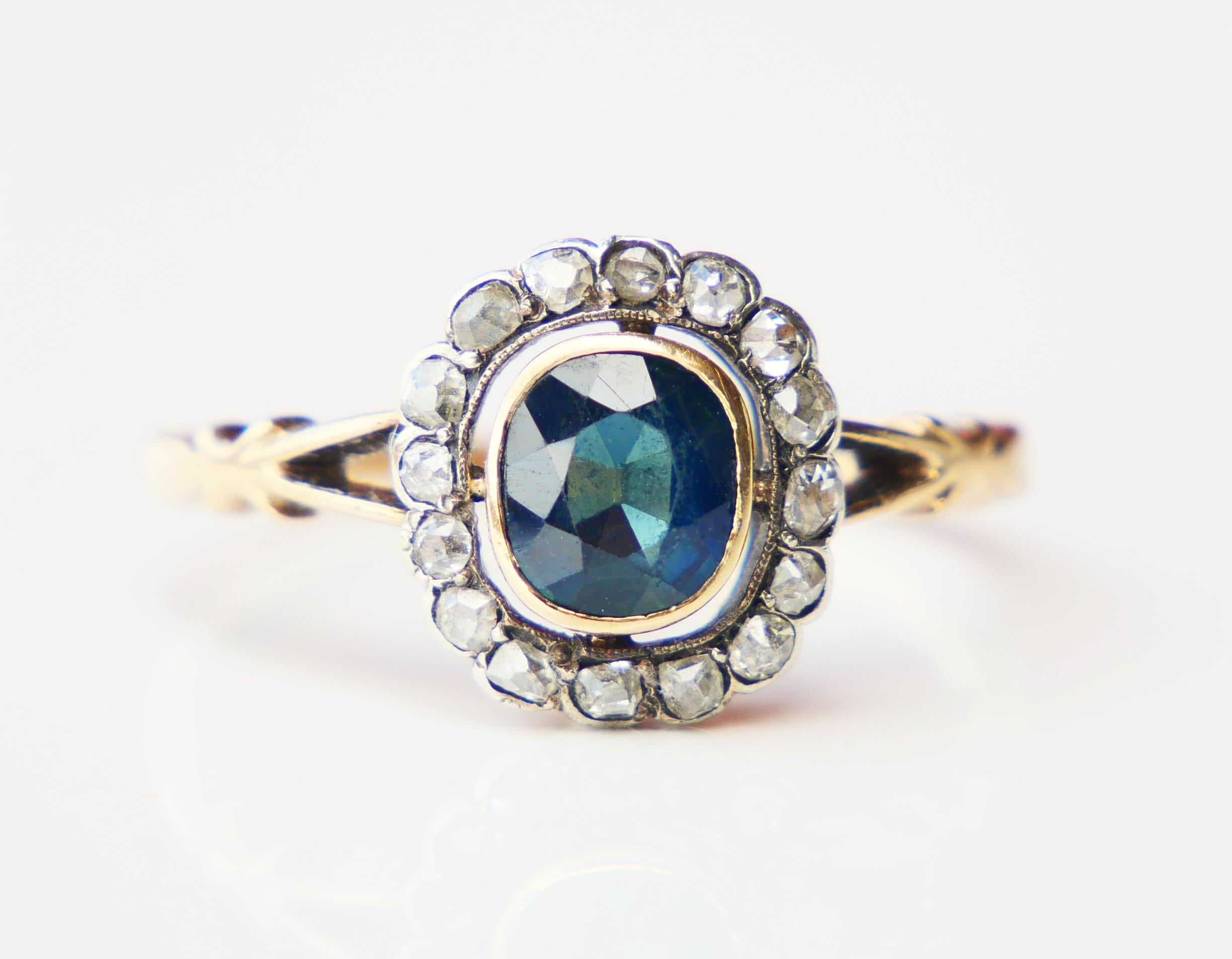 Antique Halo Ring natural 1.5ct Bi-color Sapphire Diamonds solid 14K/18K Gold For Sale 3