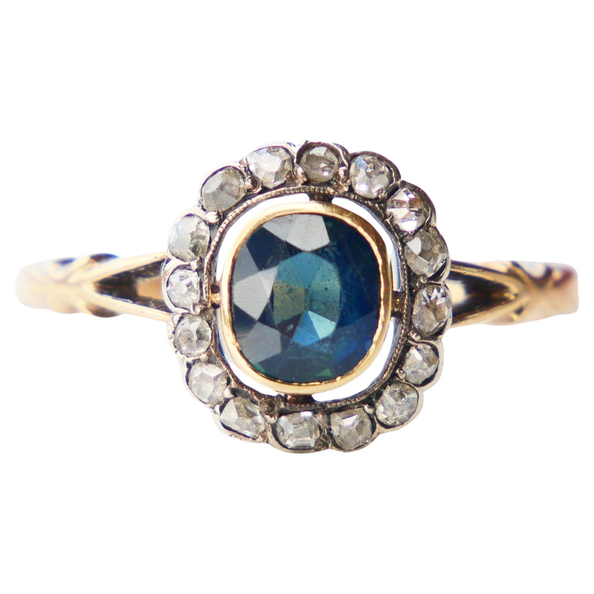 Antique Halo Ring natural 1.5ct Bi-color Sapphire Diamonds solid 14K/18K Gold