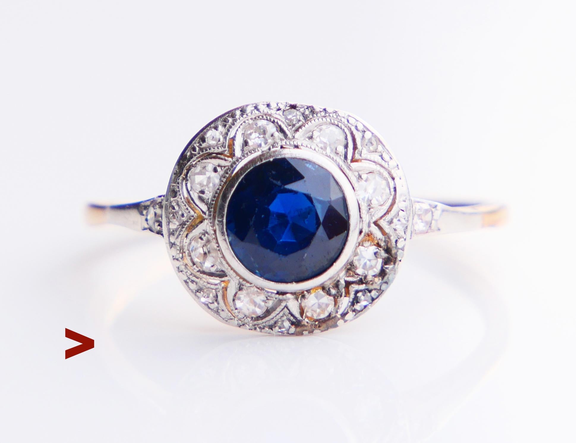 
Beautiful  German Halo Ring with parts in solid 18K Yellow Gold and White Gold / or Platinum.

Ca. 1900s -1930s , hallmarked 770.

Openwork Crown : 12 mm wide x 11 mm high x 4 mm deep. Bezel set natural Blue Sapphire of old European diamond cut : Ø