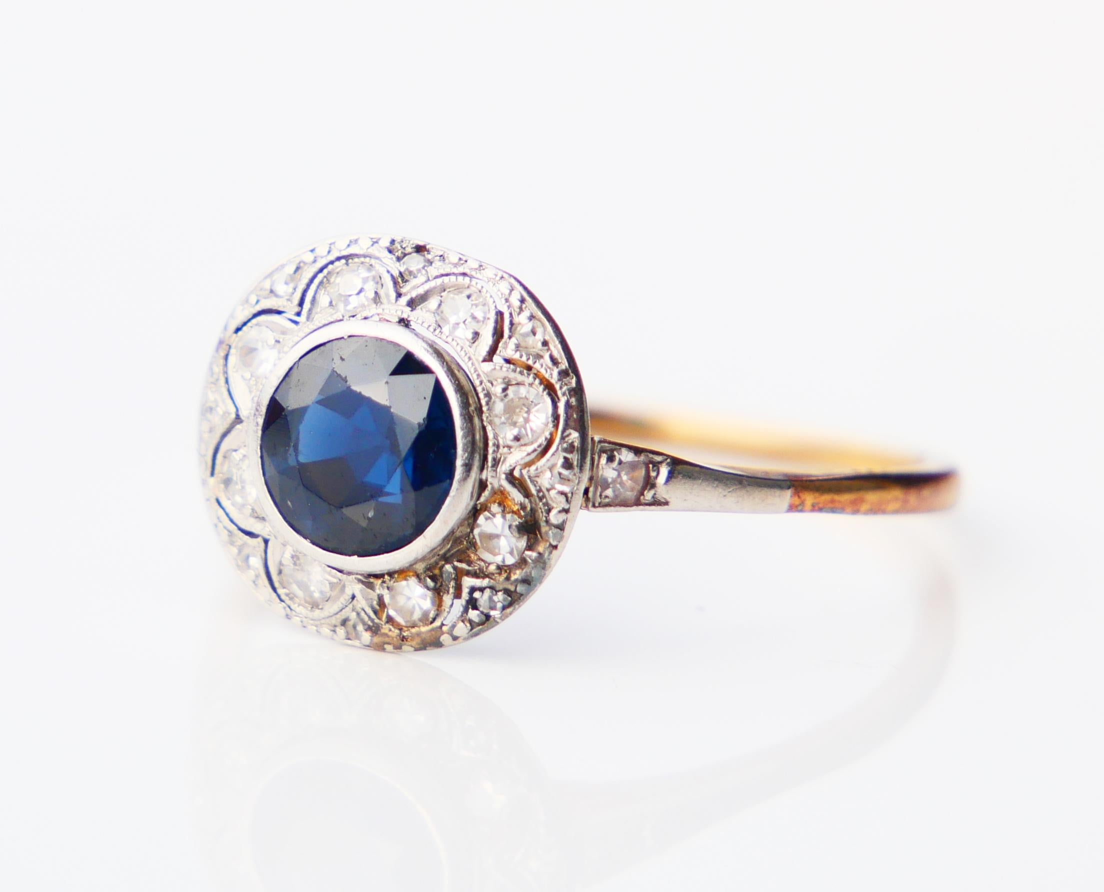 Art Deco Antique Ring natural 1.25ct Sapphire 0.5ctw Diamonds 18K Gold ØUS 8.75 / 2.56gr For Sale