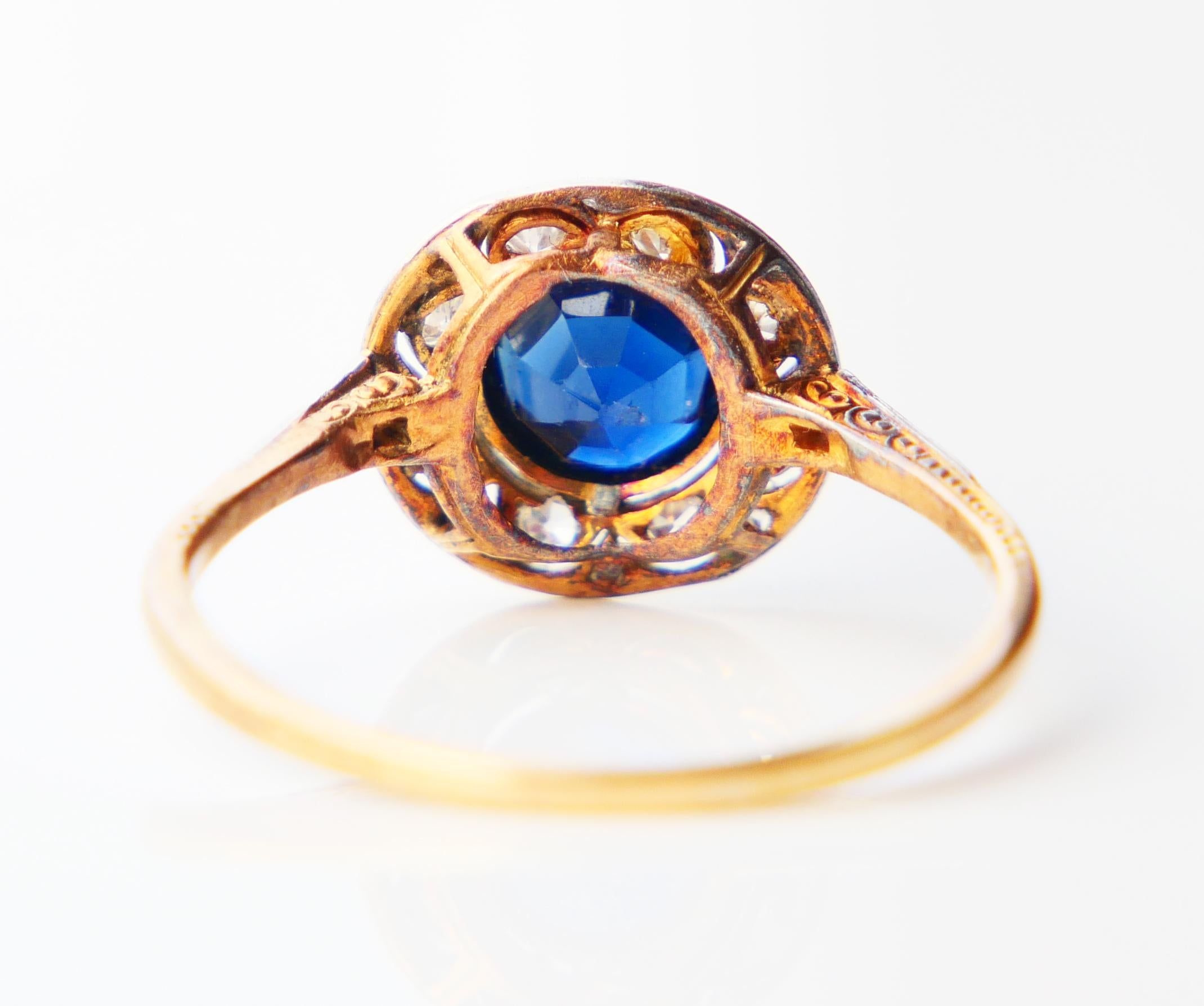 Old European Cut Antique Ring natural 1.25ct Sapphire 0.5ctw Diamonds 18K Gold ØUS 8.75 / 2.56gr For Sale