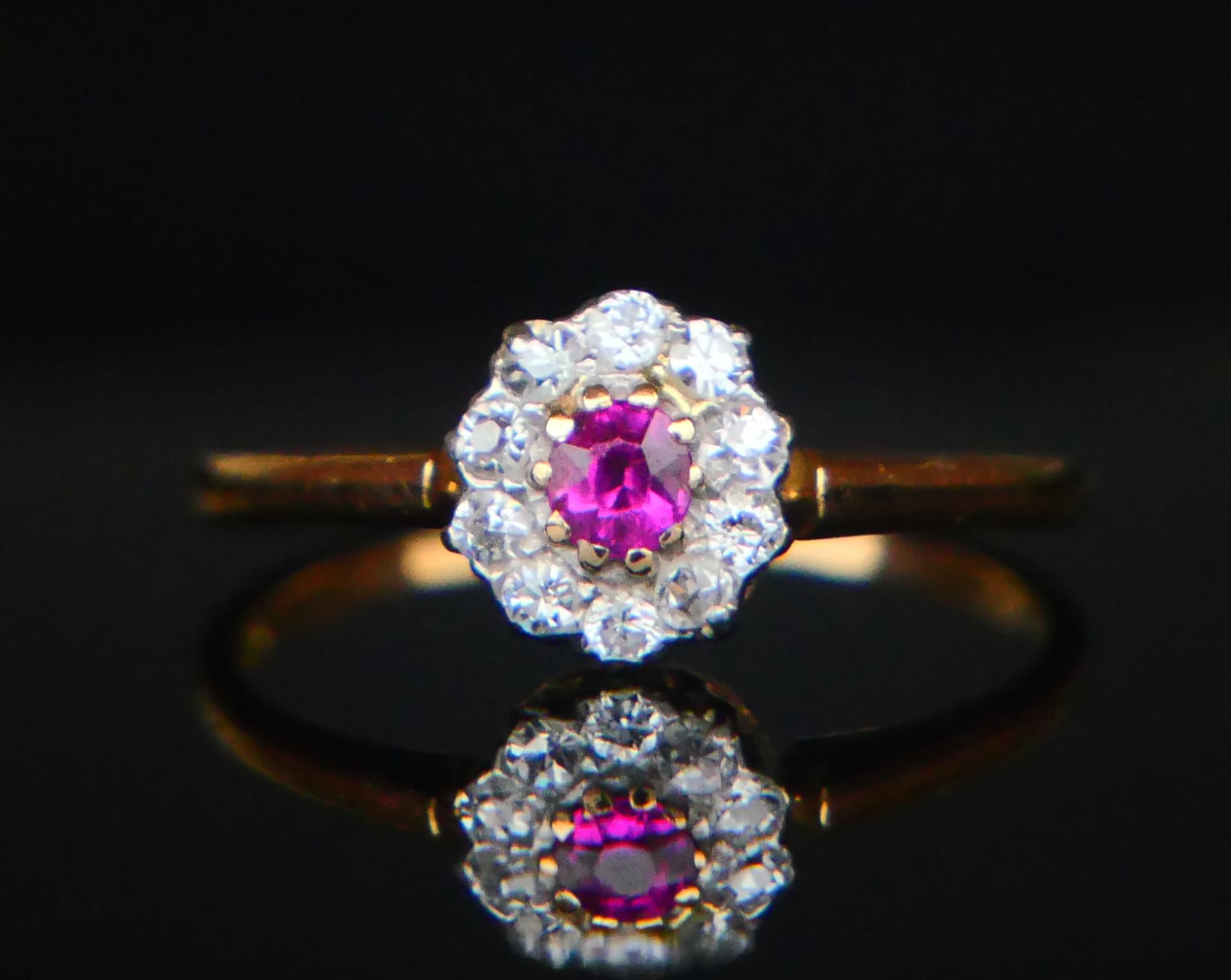 Anillo Halo Antiguo Rubí natural Diamantes Oro 18K Platino ØUS 6.75 /2.2gr Art Decó en venta
