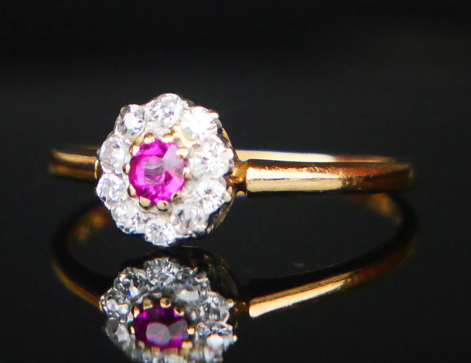 Anillo Halo Antiguo Rubí natural Diamantes Oro 18K Platino ØUS 6.75 /2.2gr Corte europeo antiguo en venta
