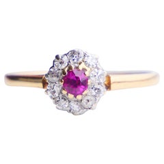 Antike Halo Ring natürlichen Rubin Diamanten 18K Gold Platin ØUS 6.75 /2.2gr