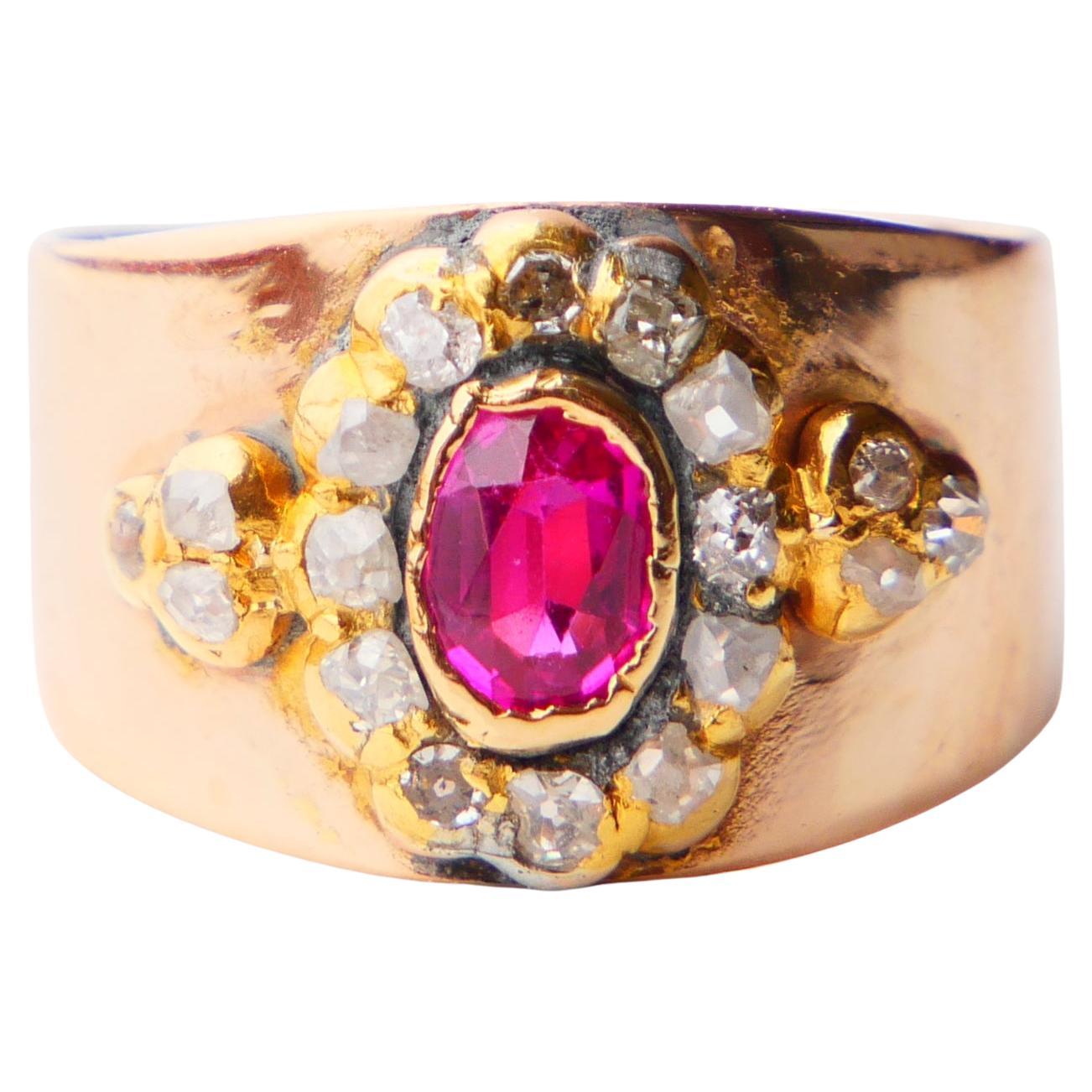 Bague Halo Antique Rubis Naturel Diamants Or massif 14K ØUS5 / 4.8gr