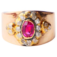 Antike Halo Ring natürlichen Rubin Diamanten massiv 14K Gold ØUS5 / 4.8gr