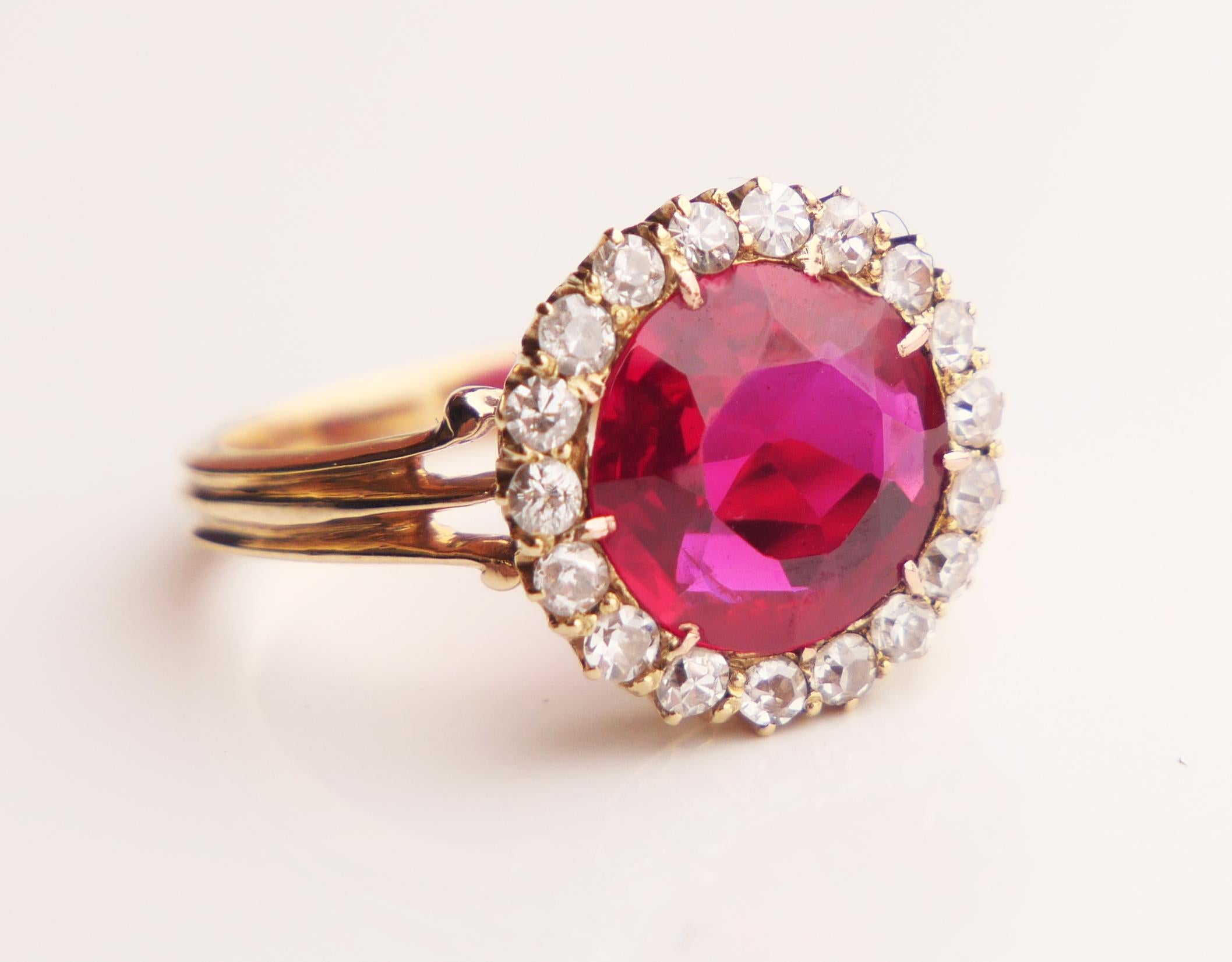 Antique Halo Ring Ruby Diamonds solid 14K Yellow Gold Ø4.5US / 3.2g For Sale 5