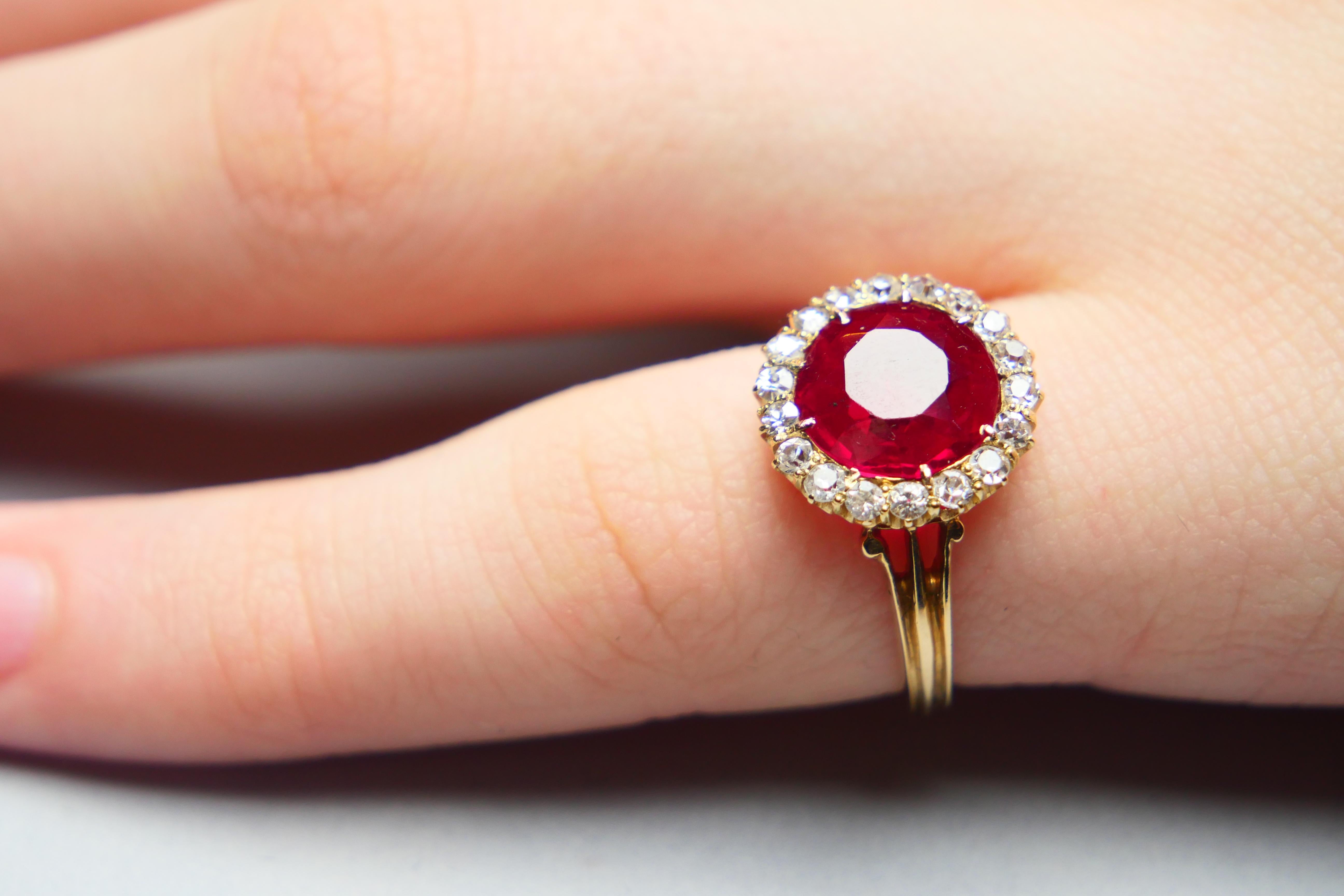 Anillo Halo Antiguo Diamantes Rubí macizo Oro Amarillo 14K Ø4,5US / 3,2g en venta 4