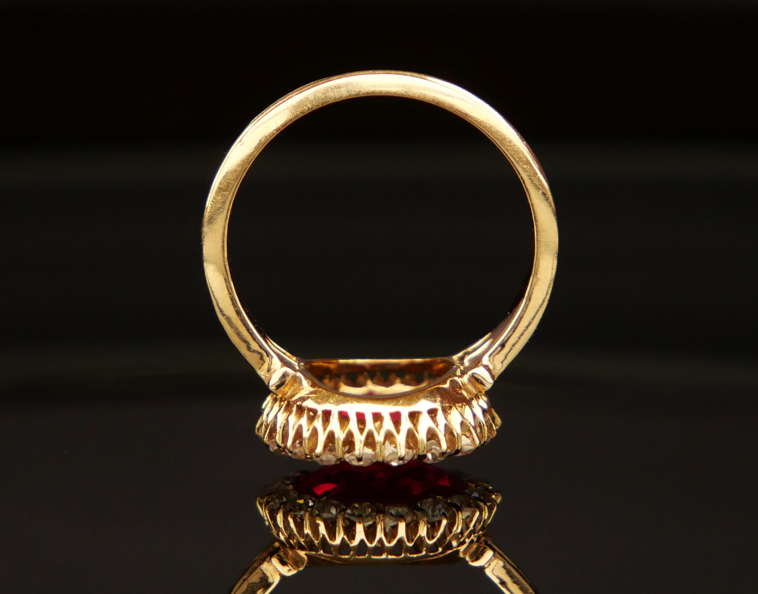Antiker Halo Ring Rubin Diamanten massiv 14K Gelbgold Ø4.5US / 3.2g (Alteuropäischer Schliff) im Angebot