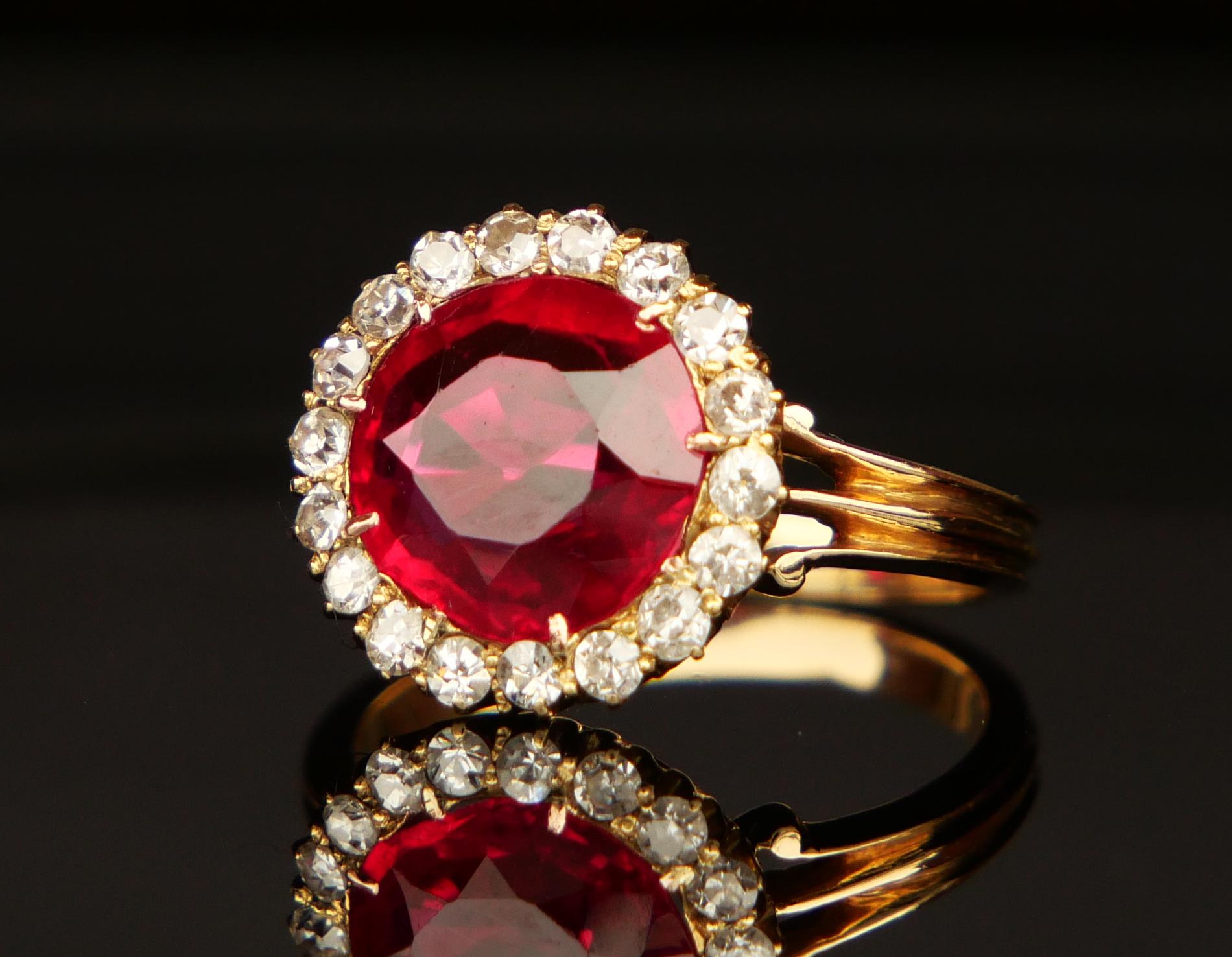Antiker Halo Ring Rubin Diamanten massiv 14K Gelbgold Ø4.5US / 3.2g Damen im Angebot