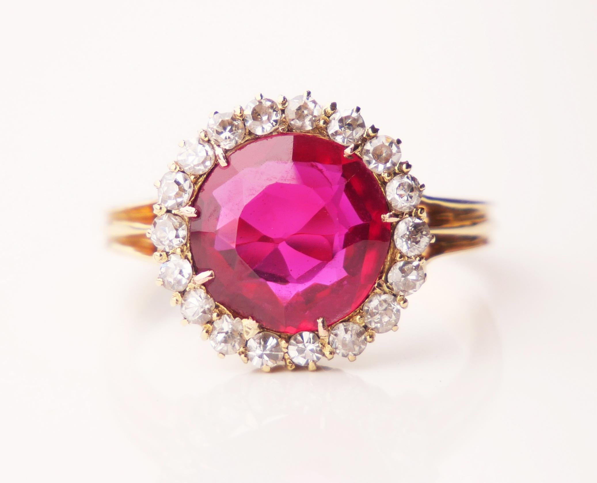 Antique Halo Ring Ruby Diamonds solid 14K Yellow Gold Ø4.5US / 3.2g For Sale 2