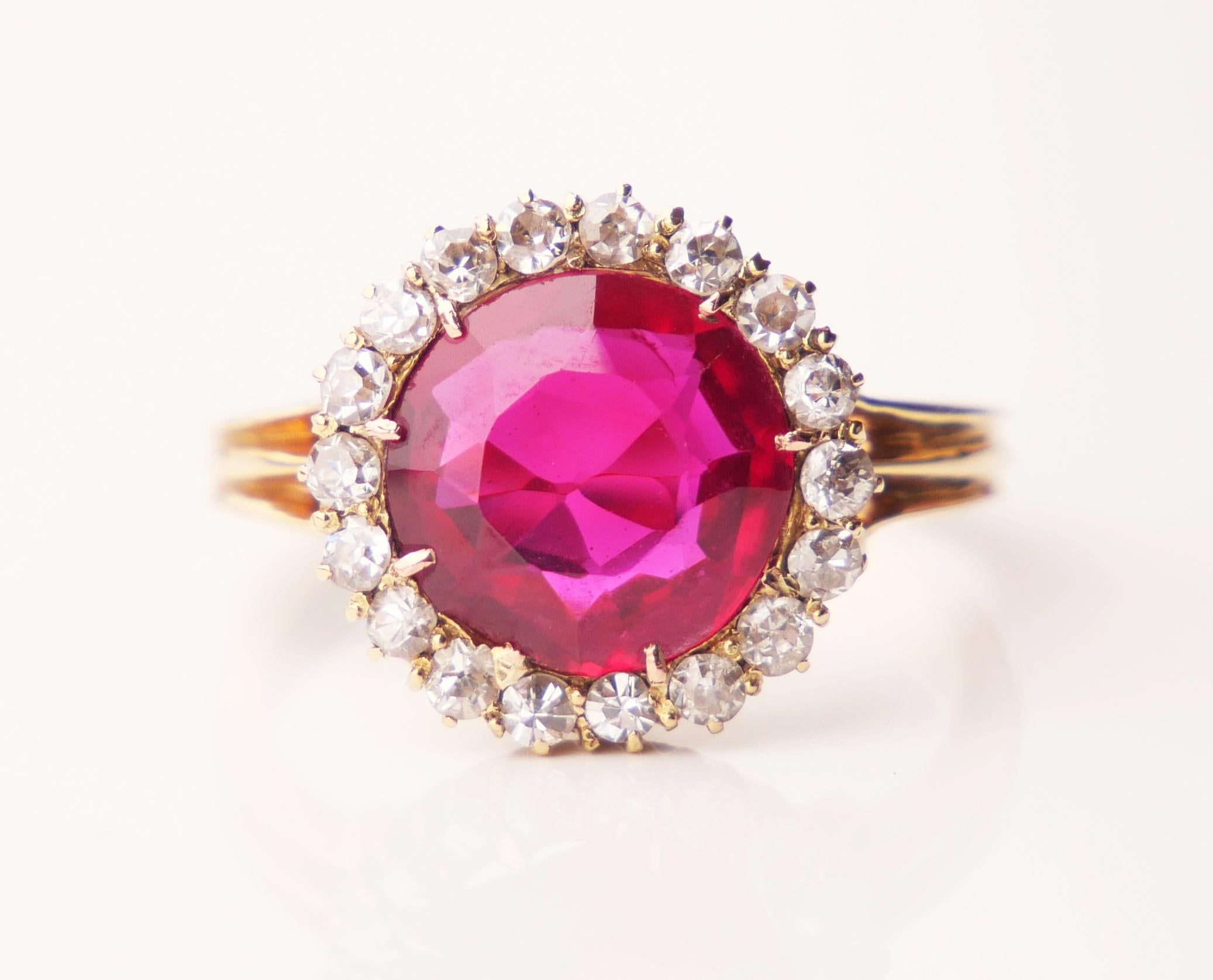 Anillo Halo Antiguo Diamantes Rubí macizo Oro Amarillo 14K Ø4,5US / 3,2g en venta 6