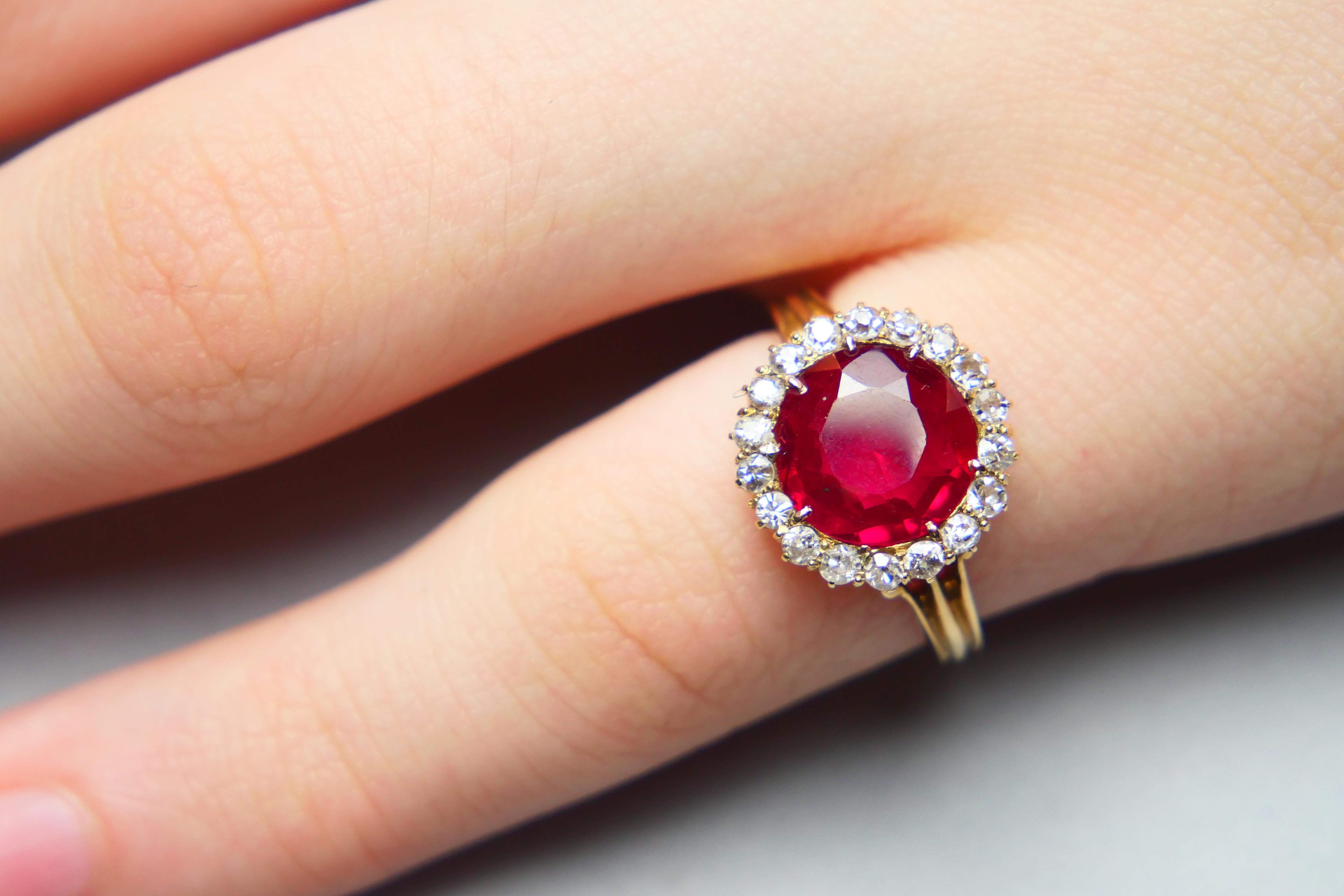 Anillo Halo Antiguo Diamantes Rubí macizo Oro Amarillo 14K Ø4,5US / 3,2g en venta 3