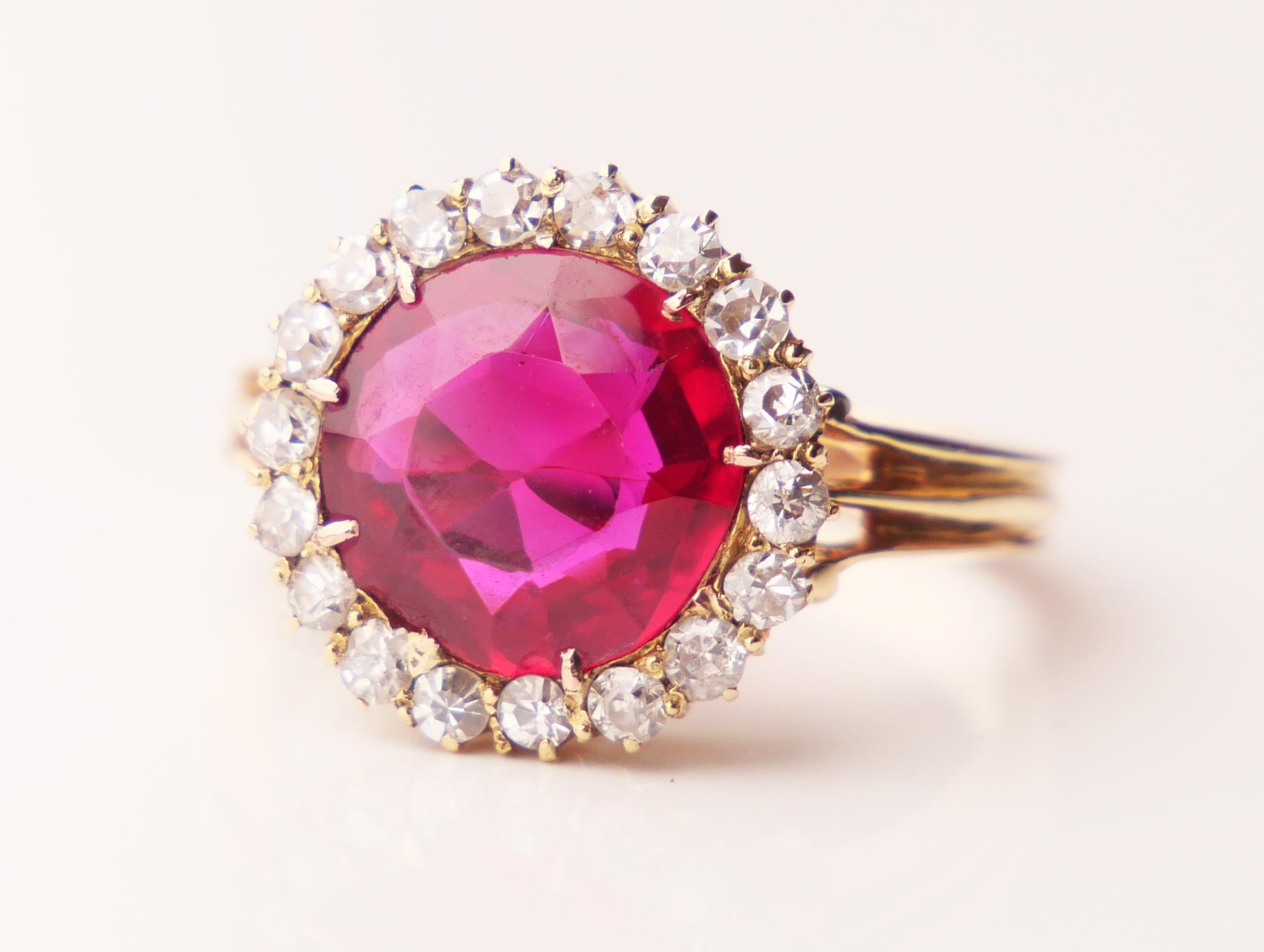 Antique Halo Ring Ruby Diamonds solid 14K Yellow Gold Ø4.5US / 3.2g For Sale 3