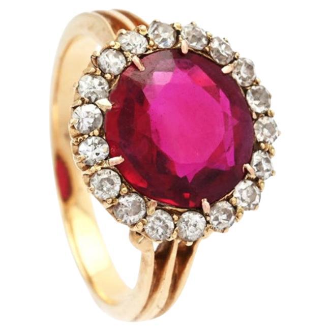 Antiker Halo Ring Rubin Diamanten massiv 14K Gelbgold Ø4.5US / 3.2g im Angebot
