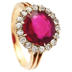 Antique Halo Ring Ruby Diamonds solid 14K Yellow Gold Ø4.5US / 3.2g