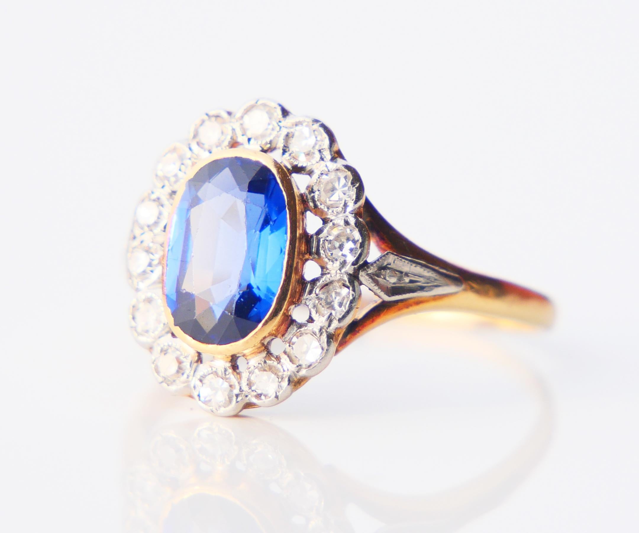 Art Deco Antique halo Ring Sapphire Diamonds solid 18K Gold Platinum Ø US9.5 / 3.26gr For Sale
